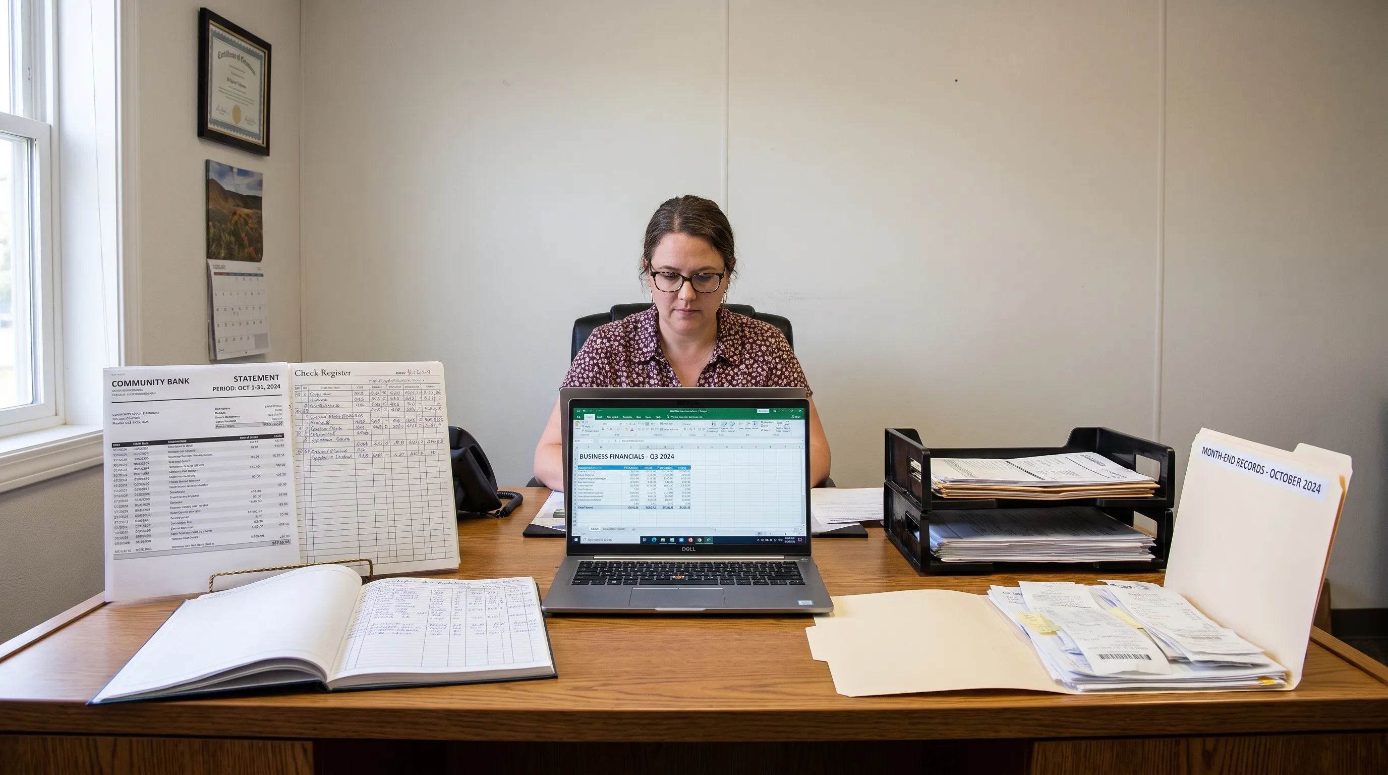 A bookkeeper reviews a bank statement beside a laptop and file folder in a small office.
