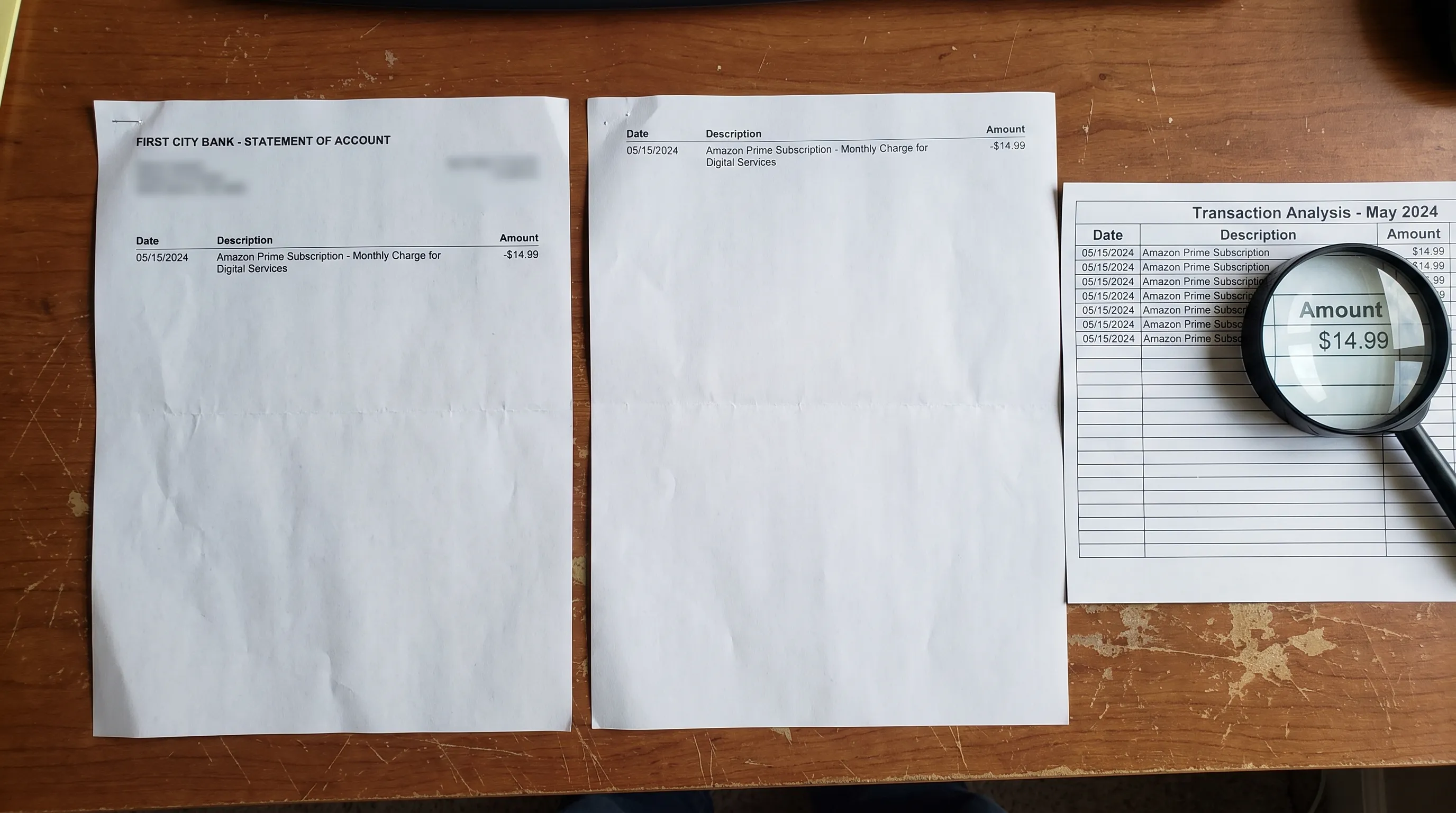 Two complete bank statement pages show a wrapped transaction description, repeated dates and entries across a page break, beside a printed transaction spreadsheet with a magnifying glass near the amount column.