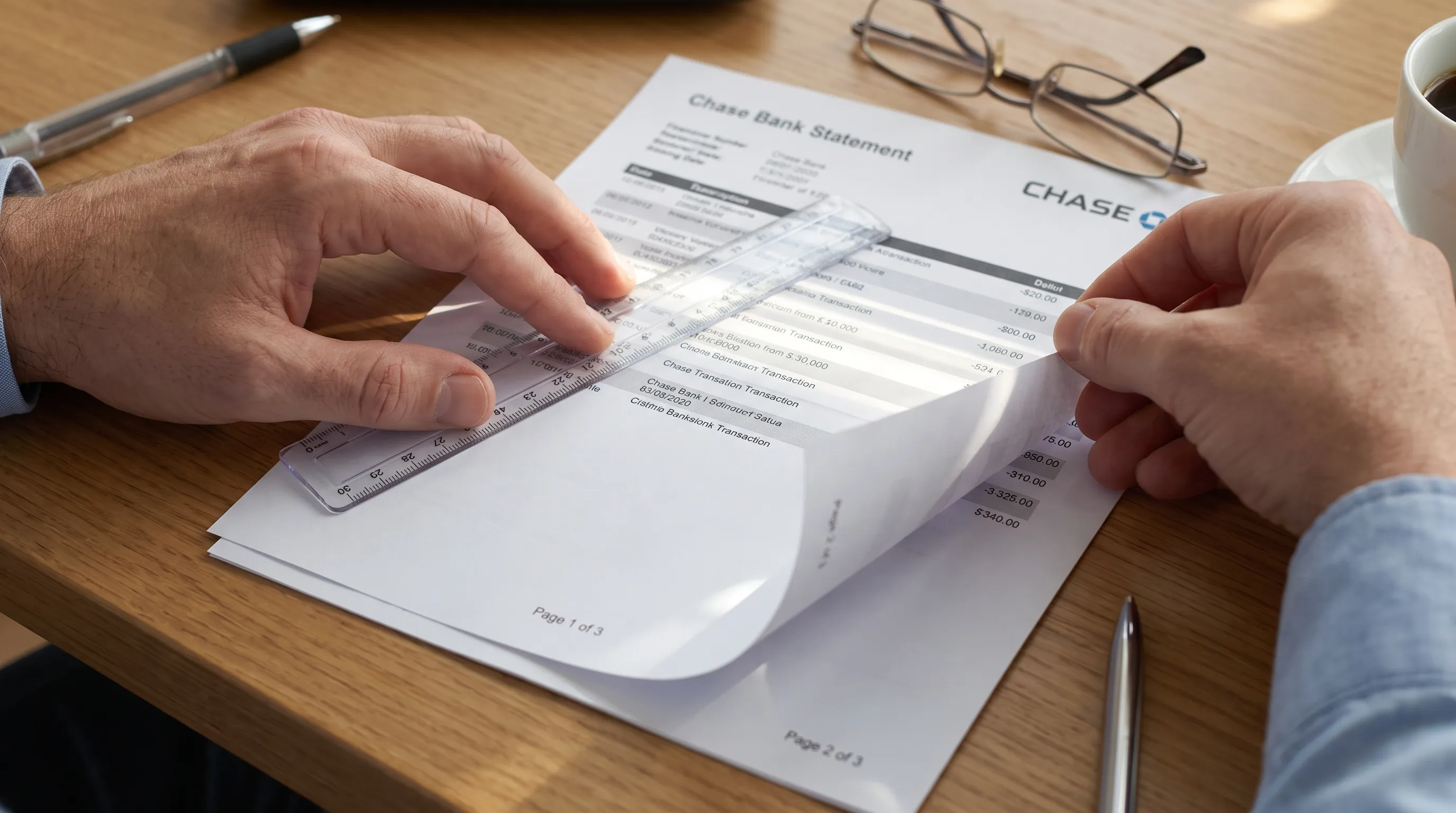 Hands track transaction rows with a ruler while checking adjoining pages of a bank statement for completeness.