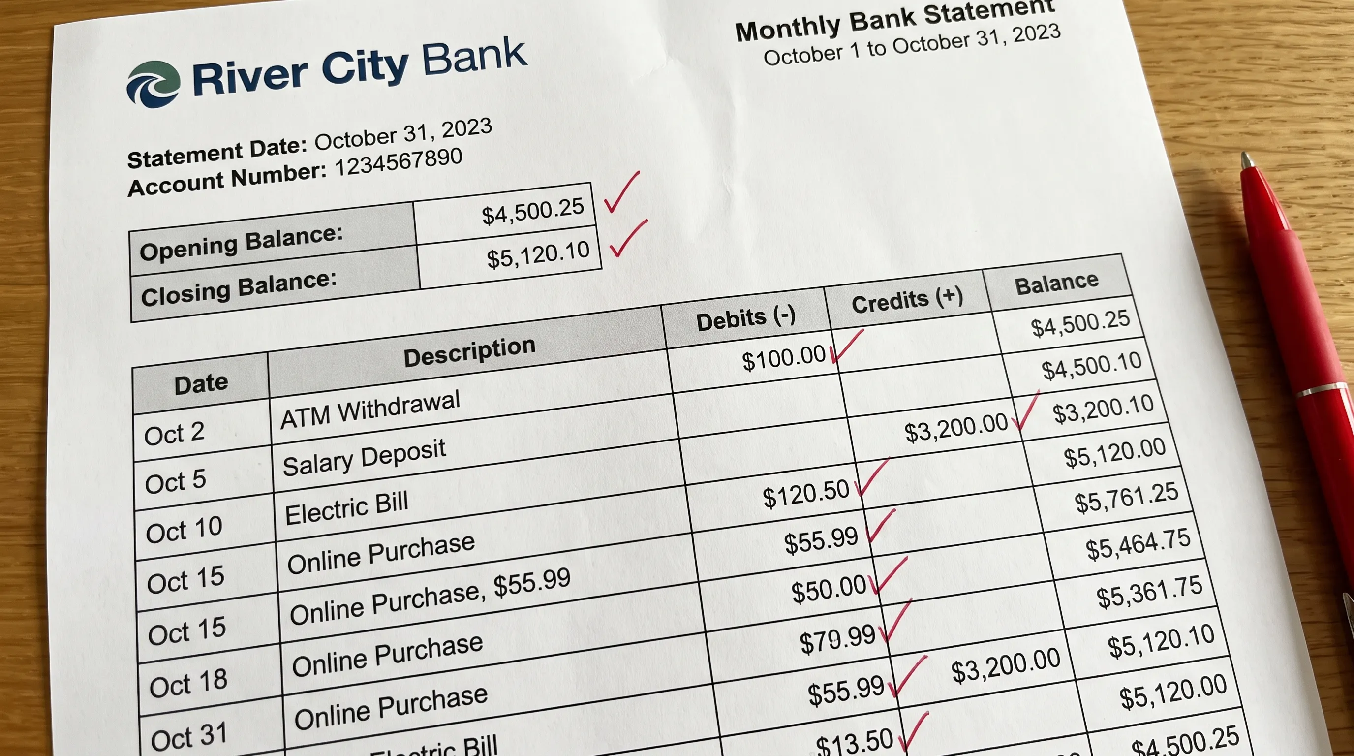 An overhead view of a printed bank statement with its opening and closing balances and debit and credit columns marked for reconciliation.