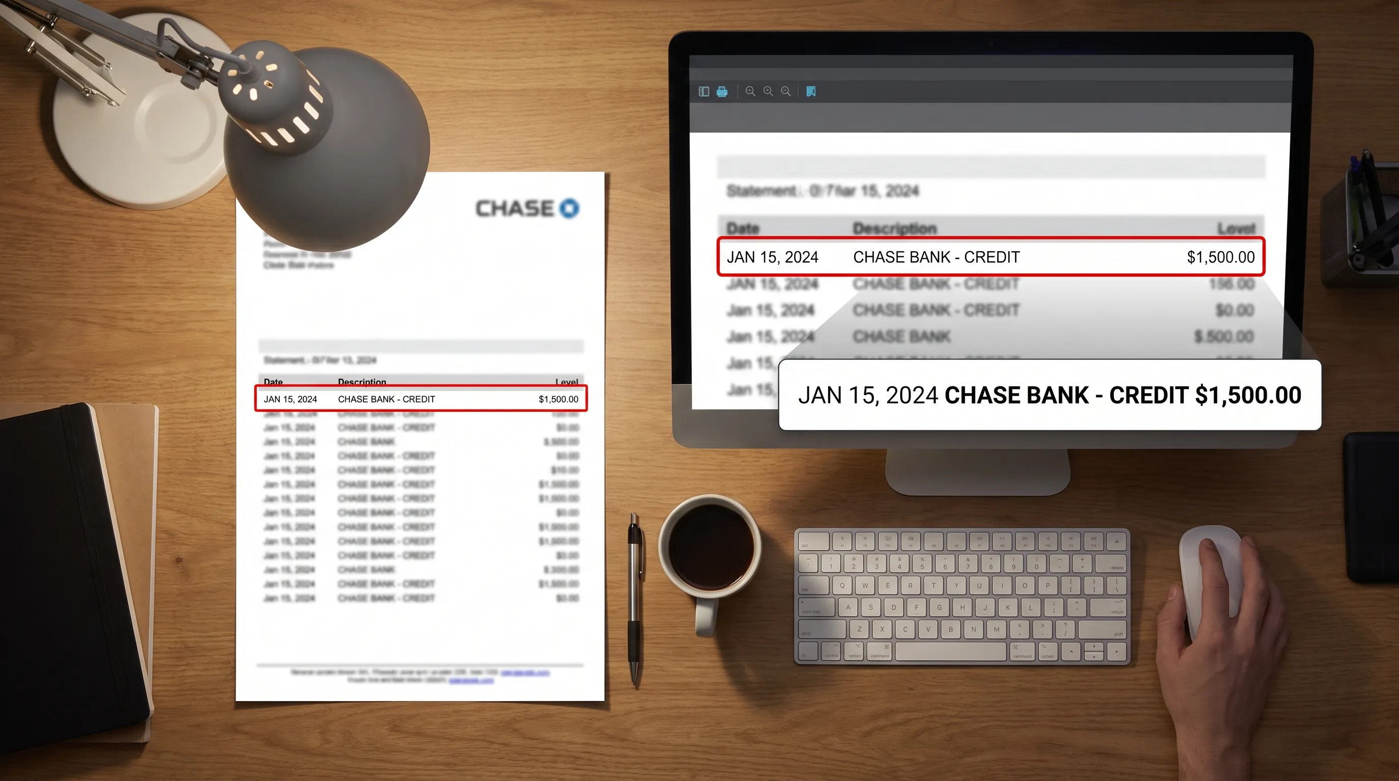 A blurred bank statement scan on a desk is being checked row by row for OCR extraction.