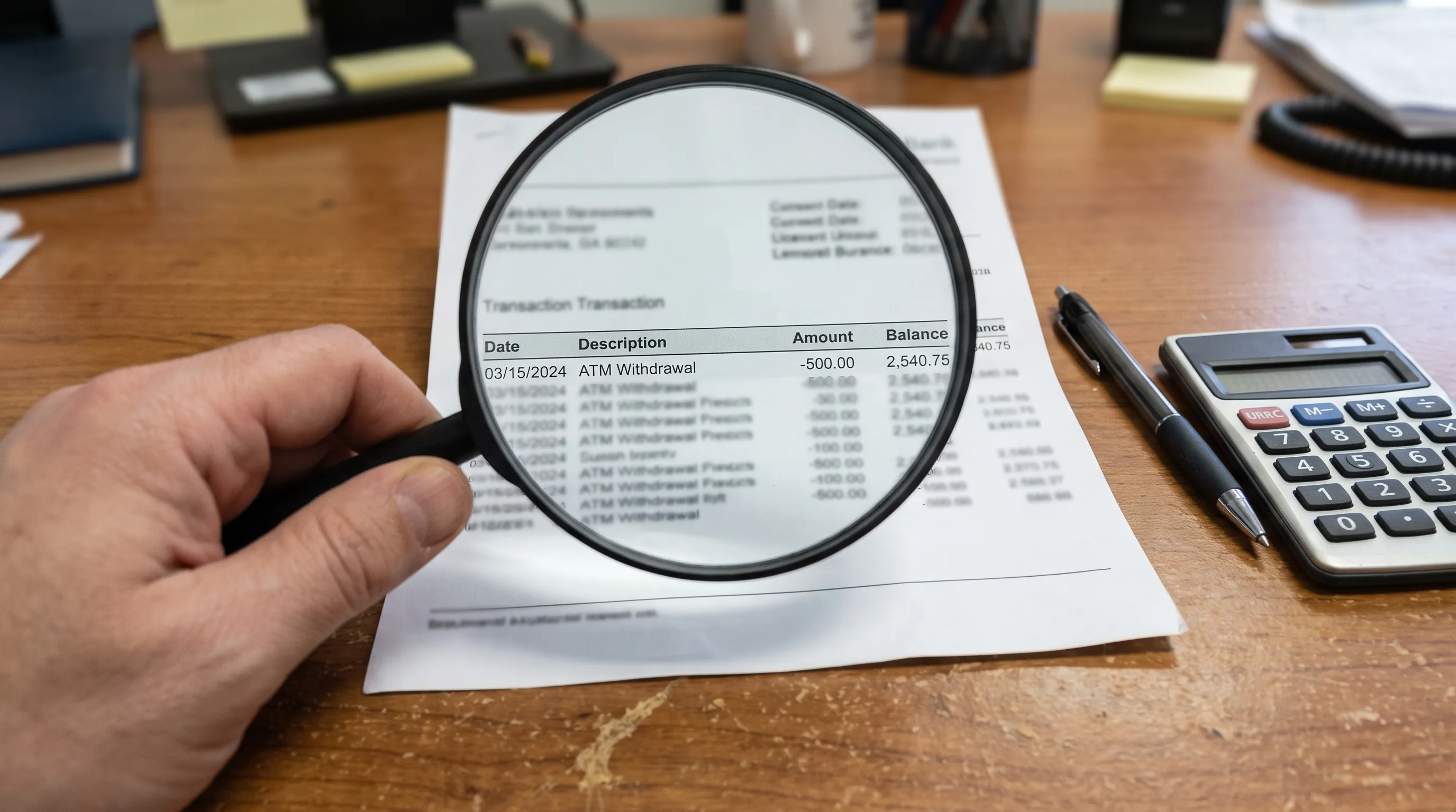 A magnifying glass over a blurry bank statement page shows transaction rows being checked for OCR accuracy.
