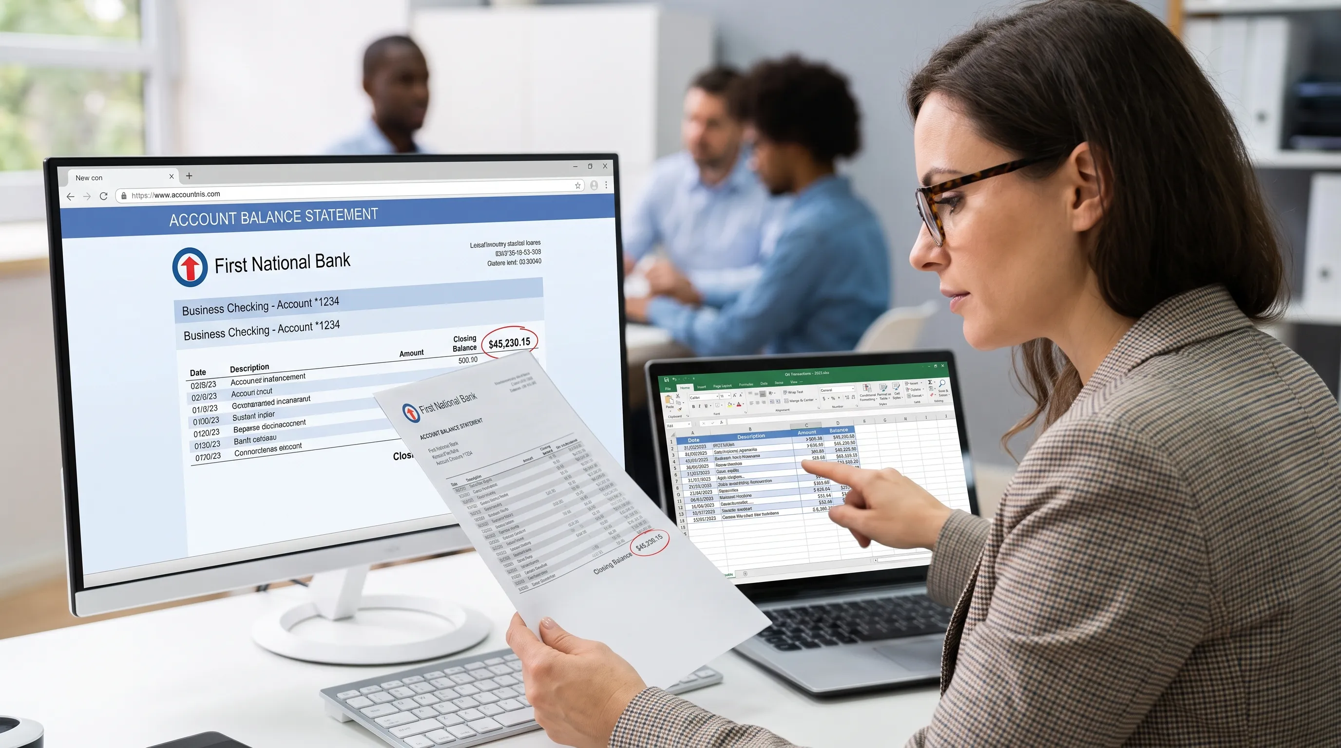 A finance analyst compares an account balance statement with an exported spreadsheet, checking opening balance, transaction rows and closing balance before reporting.