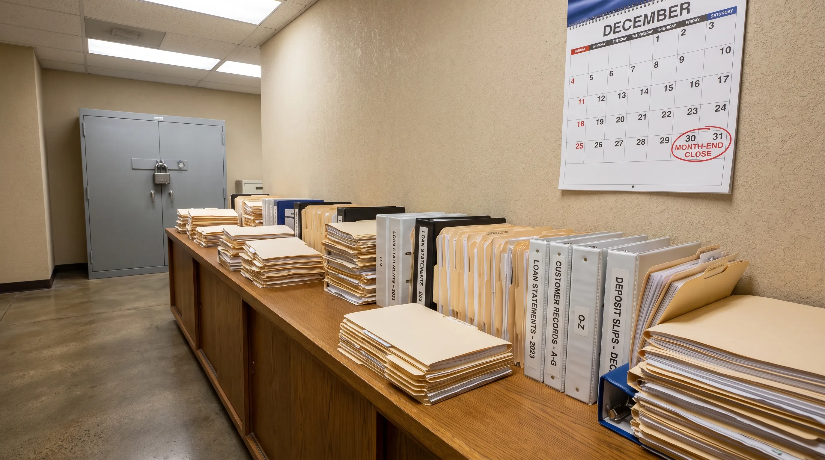 A bank records room with statement folders, filing cabinets and a month-end calendar set out for balance verification.