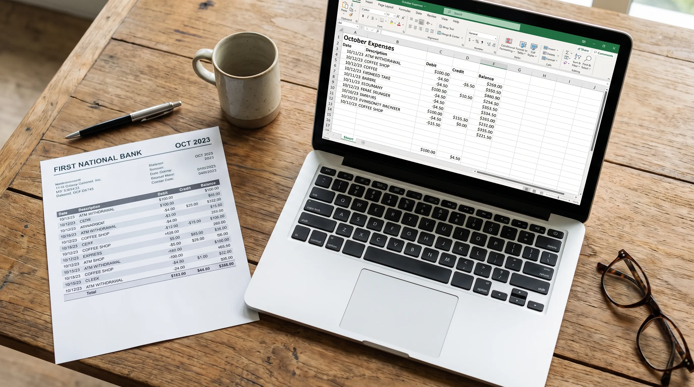 A printed bank statement sits beside a laptop with a transaction spreadsheet open for checking balances, dates and debit and credit entries.