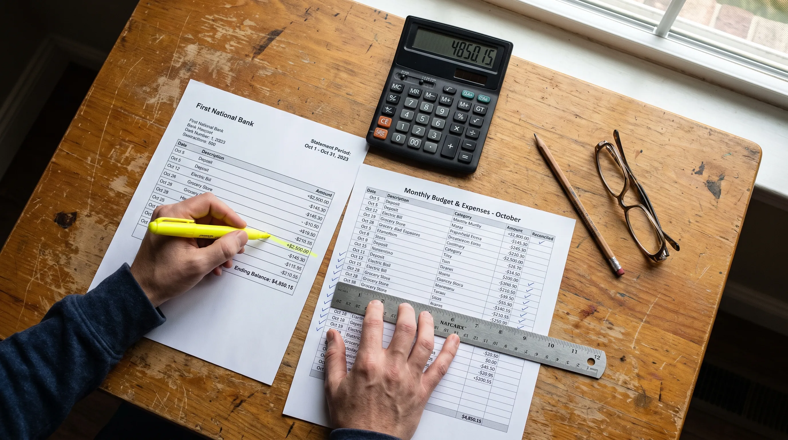 Hands compare a printed bank statement with a spreadsheet printout while checking balances and transactions.