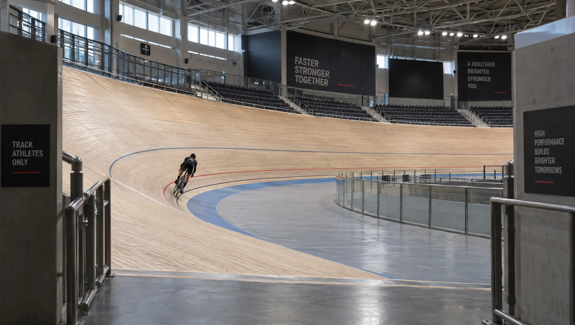 Landscape establishing view from the entrance of an indoor velodrome, with an adult cyclist riding through a banked turn and the sweeping track dominating the frame. The rider is small within the architecture, with track markings, railings, and empty seating revealing the training environment and the demands behind endurance monitoring.