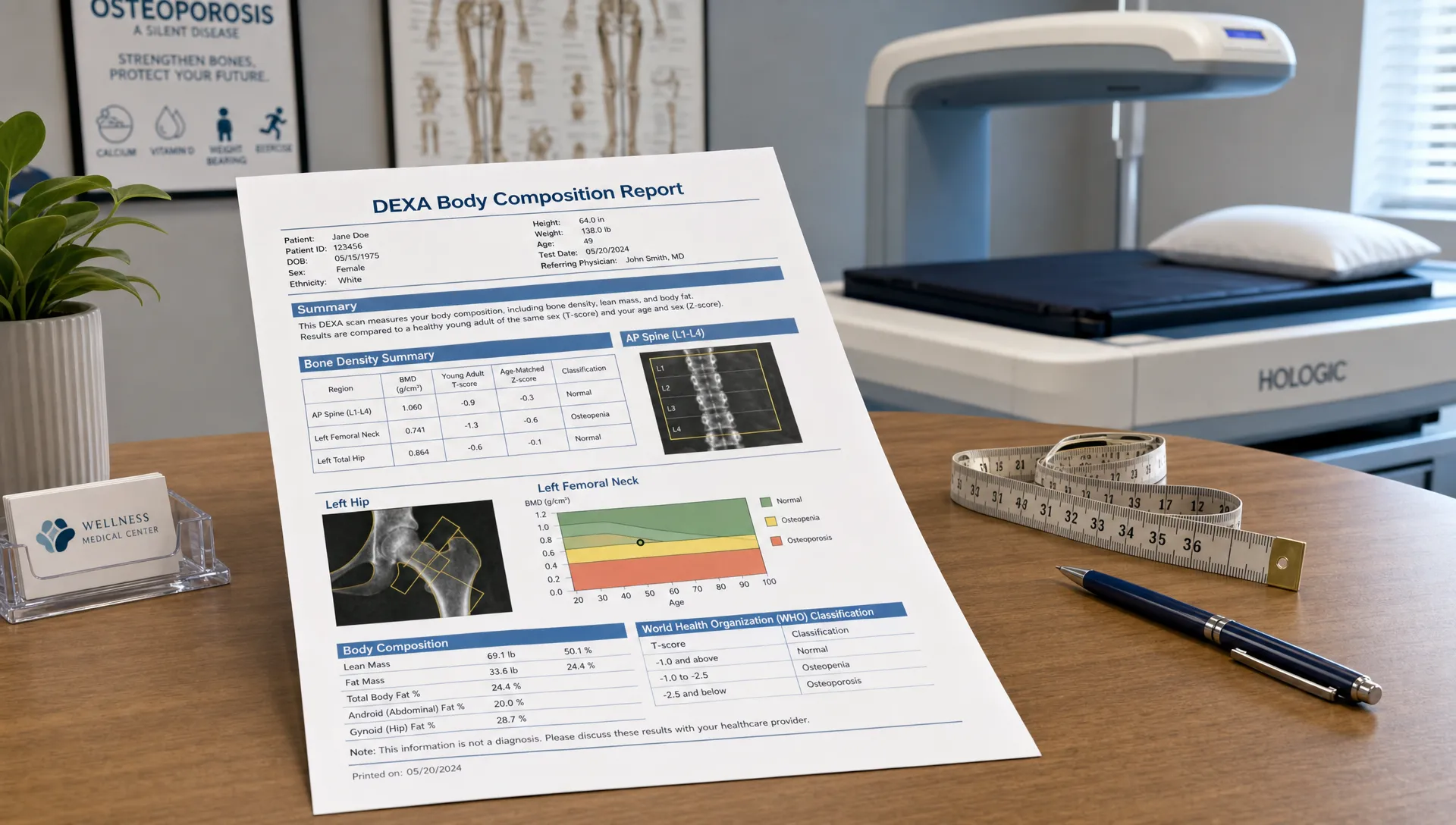 A balanced educational clinic scene showing a DEXA body composition report on a table with a hip and spine scan summary, a measuring tape, and a compact bone density scanner in the background. The report is the focal element, with the scanner and a few simple medical accessories providing context in a clean indoor setting.