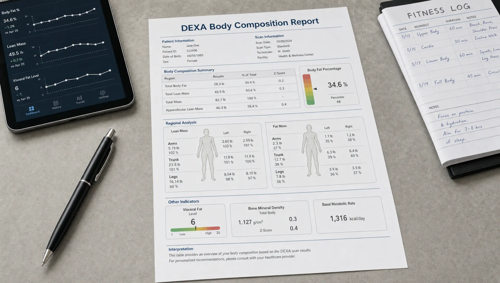 A printed DEXA body composition report on a clinic consultation table beside a pen, a tablet, and a folded fitness log, representing progress tracking for body fat, muscle mass, visceral fat, and bone density.