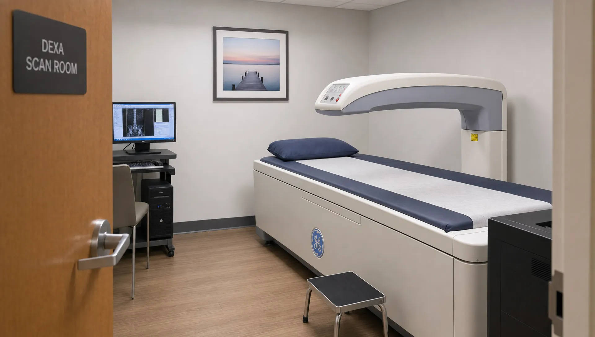 A clean DEXA scanning room with a padded exam table and a scanner arm positioned over the hip and spine area, shown from the doorway in a quiet clinical setting for a bone density test.