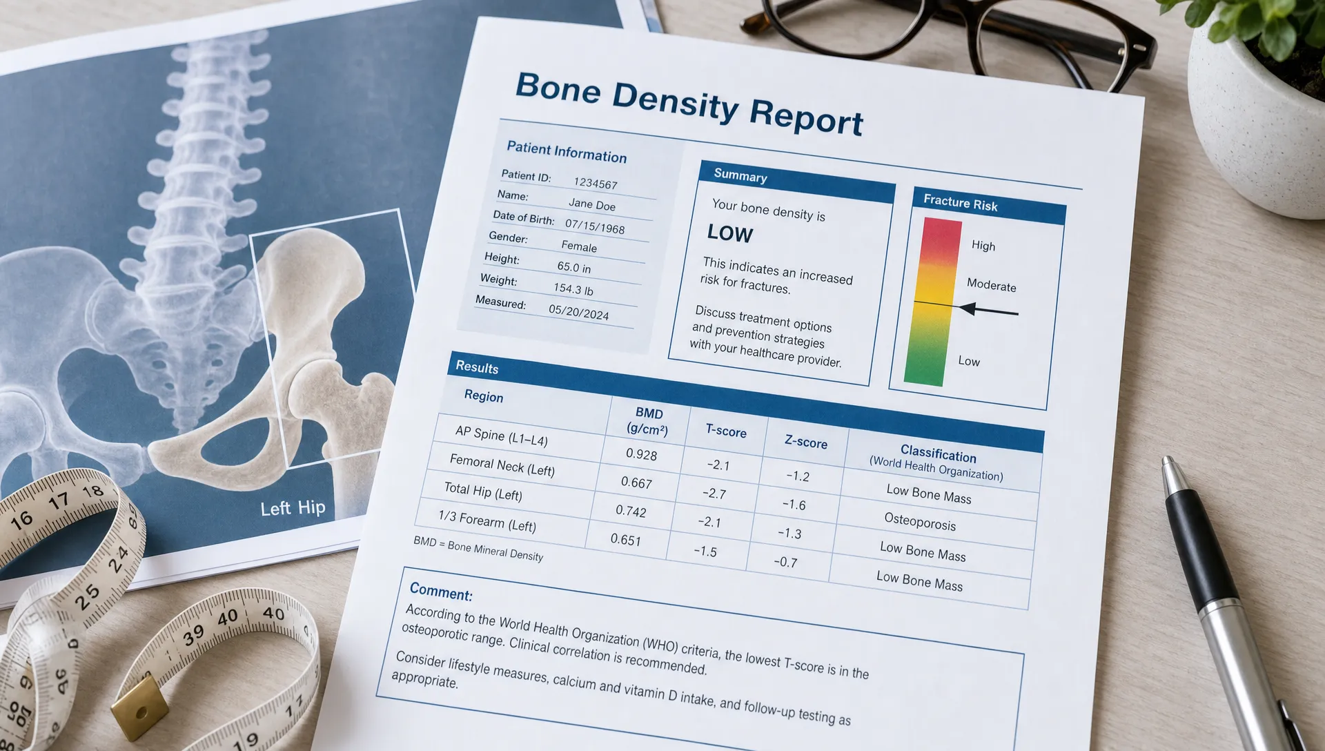 A calm close-up medical scene centered on a bone density report beside a simple hip and spine scan illustration, with a measuring tape and a few routine clinic accessories arranged on a clean indoor surface. No people in frame. The report is the clear hero element, and the composition should feel educational and preventive, emphasizing bone mineral density and fracture-risk tracking without showing a scan room.