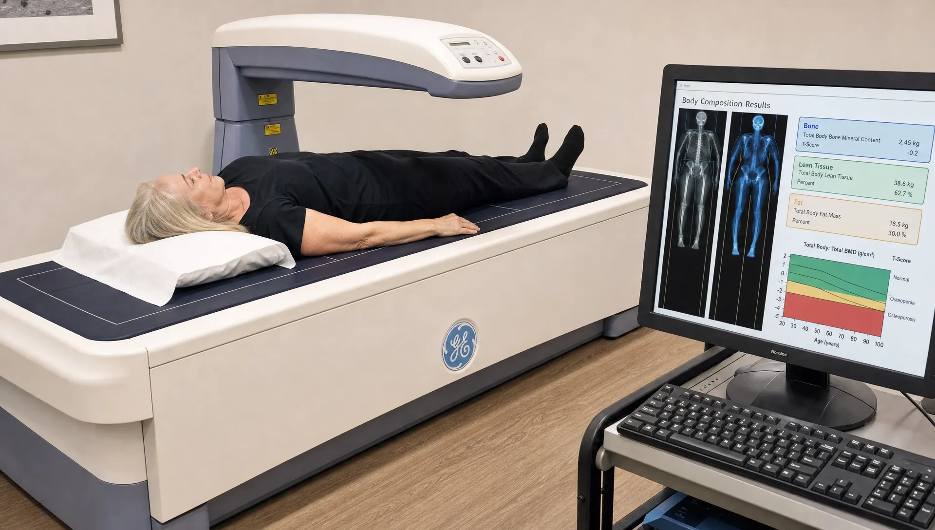 A DEXA scanner table shows the body regions being measured for bone, lean tissue, and fat.
