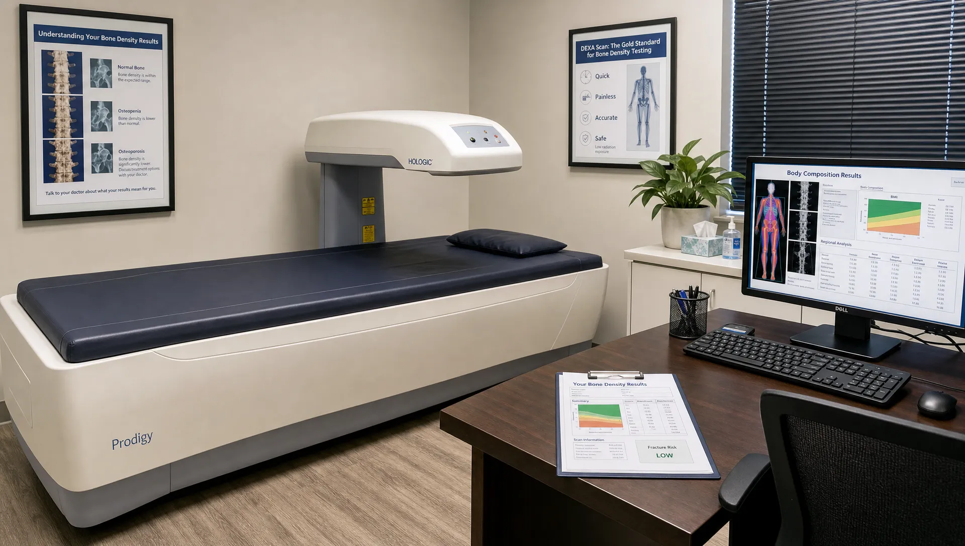 A calm clinical DEXA scan room with a padded scanning table, a compact scanner arm above it, and a consultation desk nearby with printed body composition and bone density results.