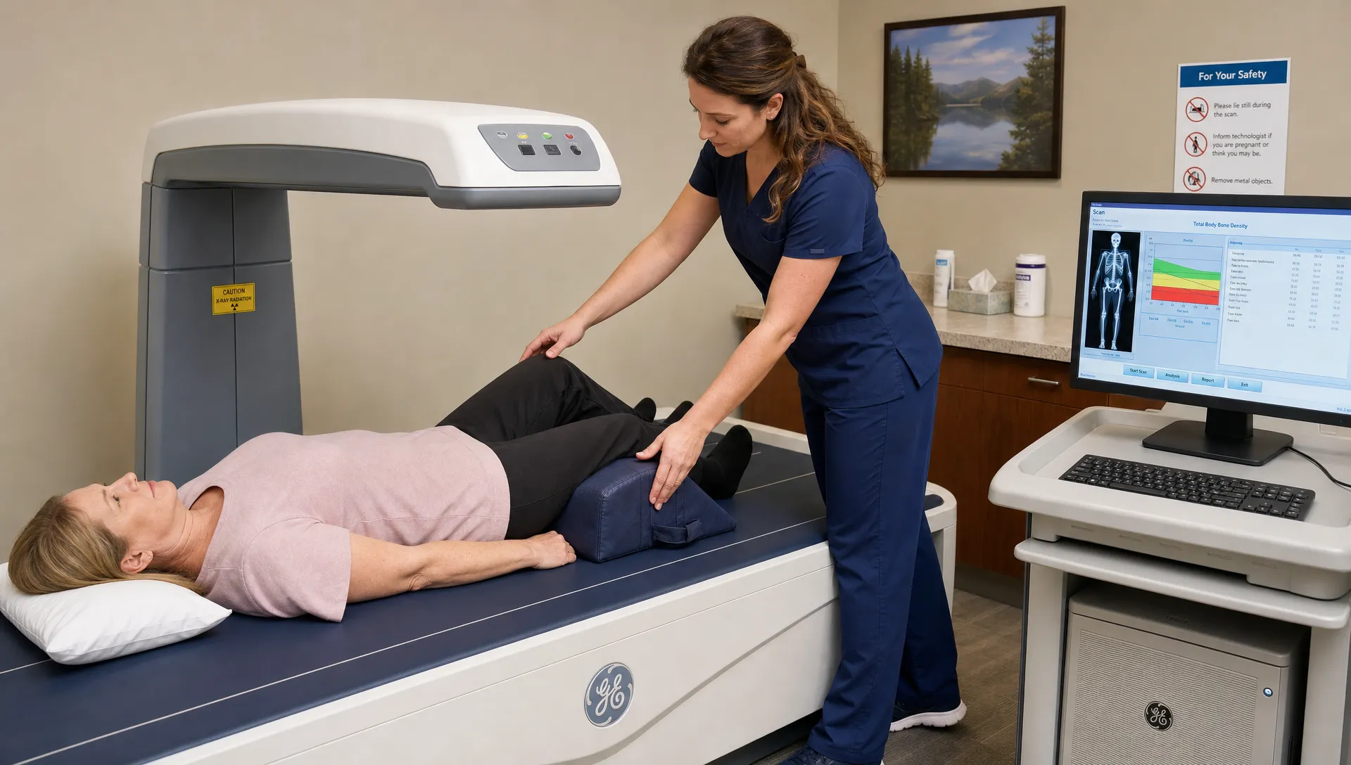Landscape medium scene in a scan room where an adult technologist stands beside a patient on the DEXA table, adjusting the patient’s hip and spine position before the scan begins. The scanner arm hovers over the table, a monitor faces the camera from the far side, and the focus is on careful preparation for a bone density exam.