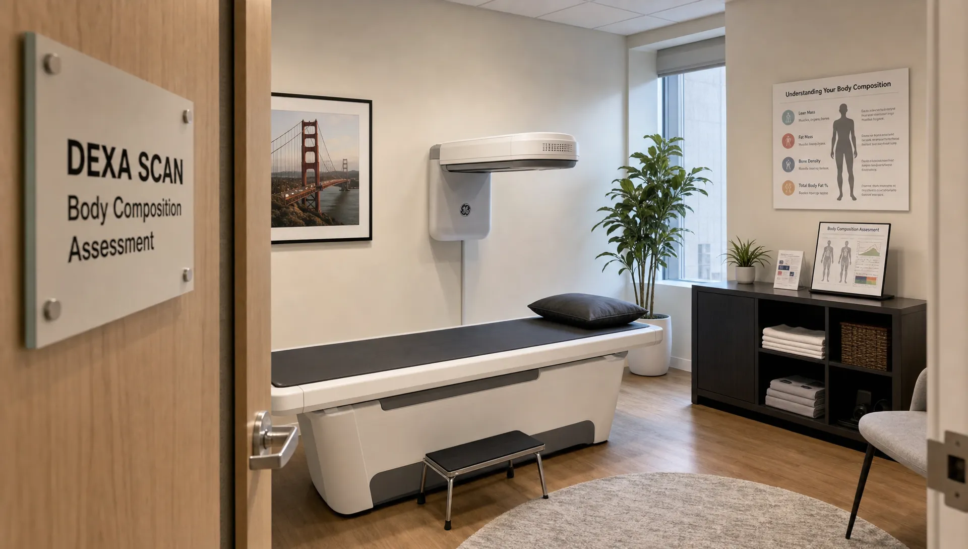 A clean DEXA scan room in a San Francisco wellness clinic with a scanning table, a wall-mounted scanner, and neatly arranged assessment materials, shown from the doorway in a calm professional setting for body composition testing.