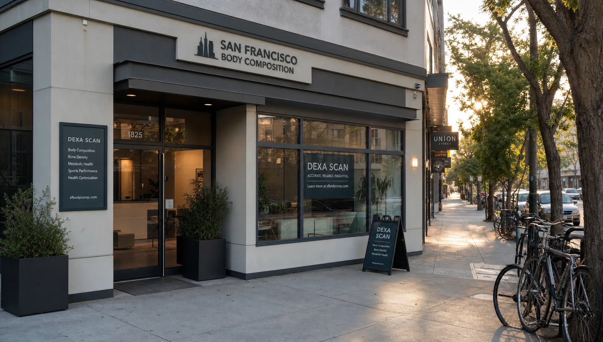 A street-level exterior of a modern San Francisco body composition clinic with a clear entrance, large windows, and subtle signage cues for DEXA scanning, set on a calm city block with a few parked bikes and soft morning light. No people in frame. The scene should feel like a real place someone would visit to compare scan options, emphasizing location and provider choice rather than a scan room or report layout.