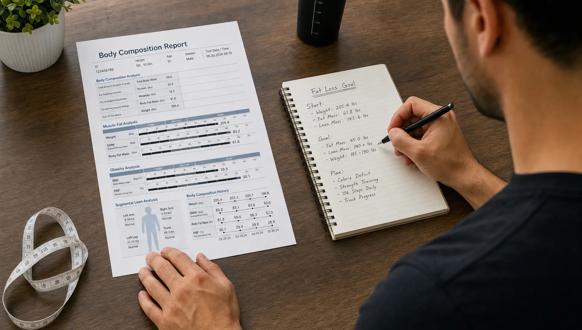 An adult sits at a table with a body composition report, notebook, and tape measure while planning a fat-loss goal based on fat mass and lean mass.