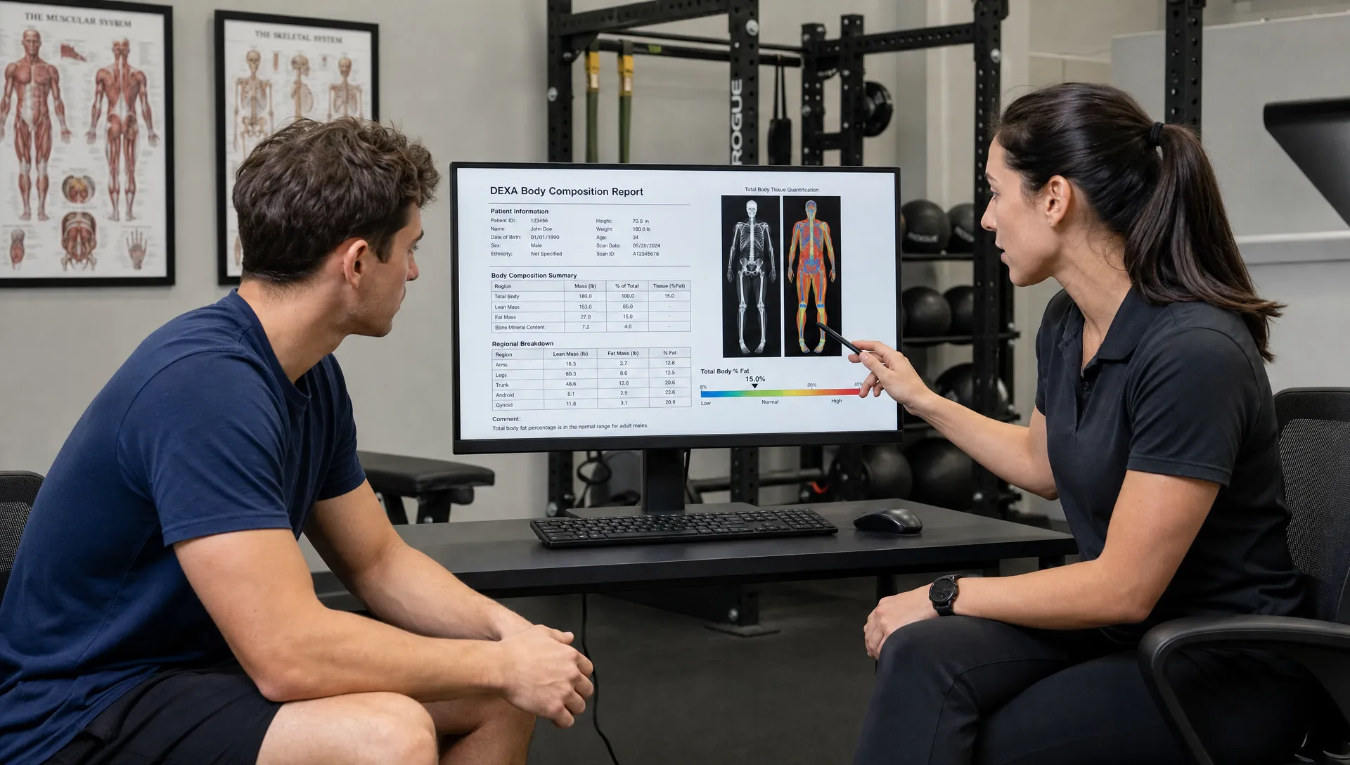 An athlete and specialist review a DEXA body composition report in a fitness assessment room with a monitor and gym equipment behind them.
