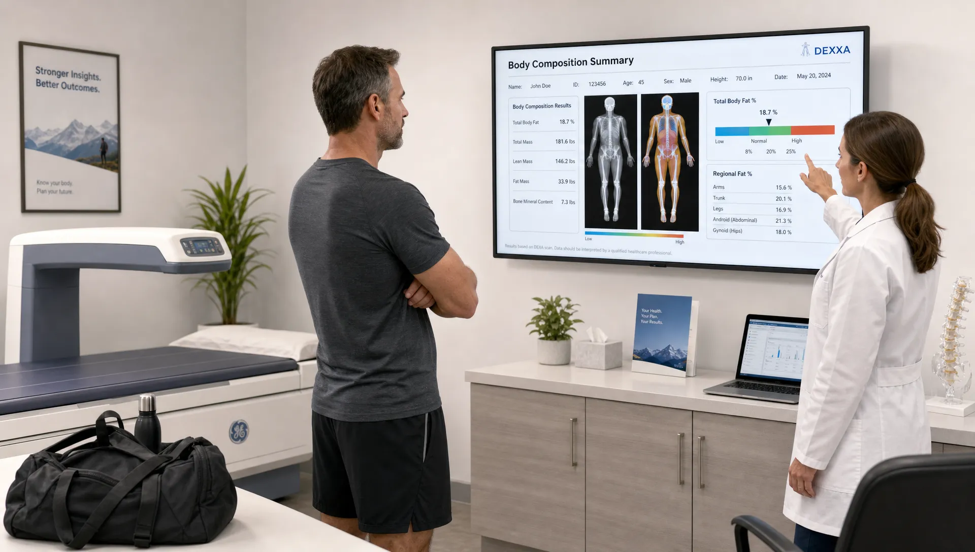 Landscape interior of a DEXA consultation room with an adult client standing beside a clinician, both looking at a face-to-camera monitor that shows a body composition summary. A scan table sits to one side, with a folded gym bag and water bottle in the foreground and a clean clinic workspace behind them. Use the same neutral medical look as the site’s other images, in a wide eye-level composition that emphasizes interpreting results and planning next steps.