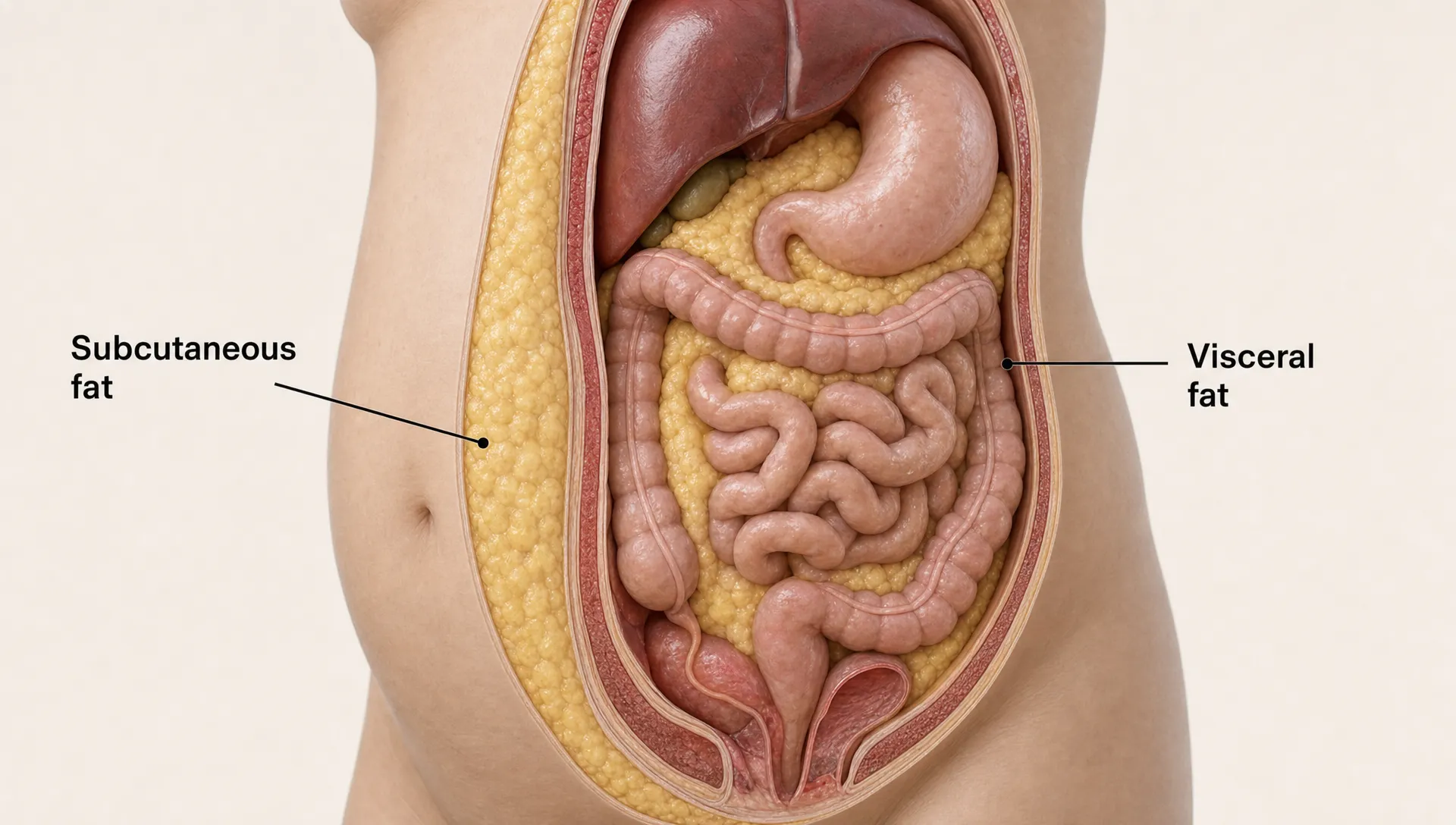 A simplified anatomical illustration of the abdomen showing subcutaneous fat beneath the skin and visceral fat surrounding the internal organs, with labels for each fat type and a neutral background.