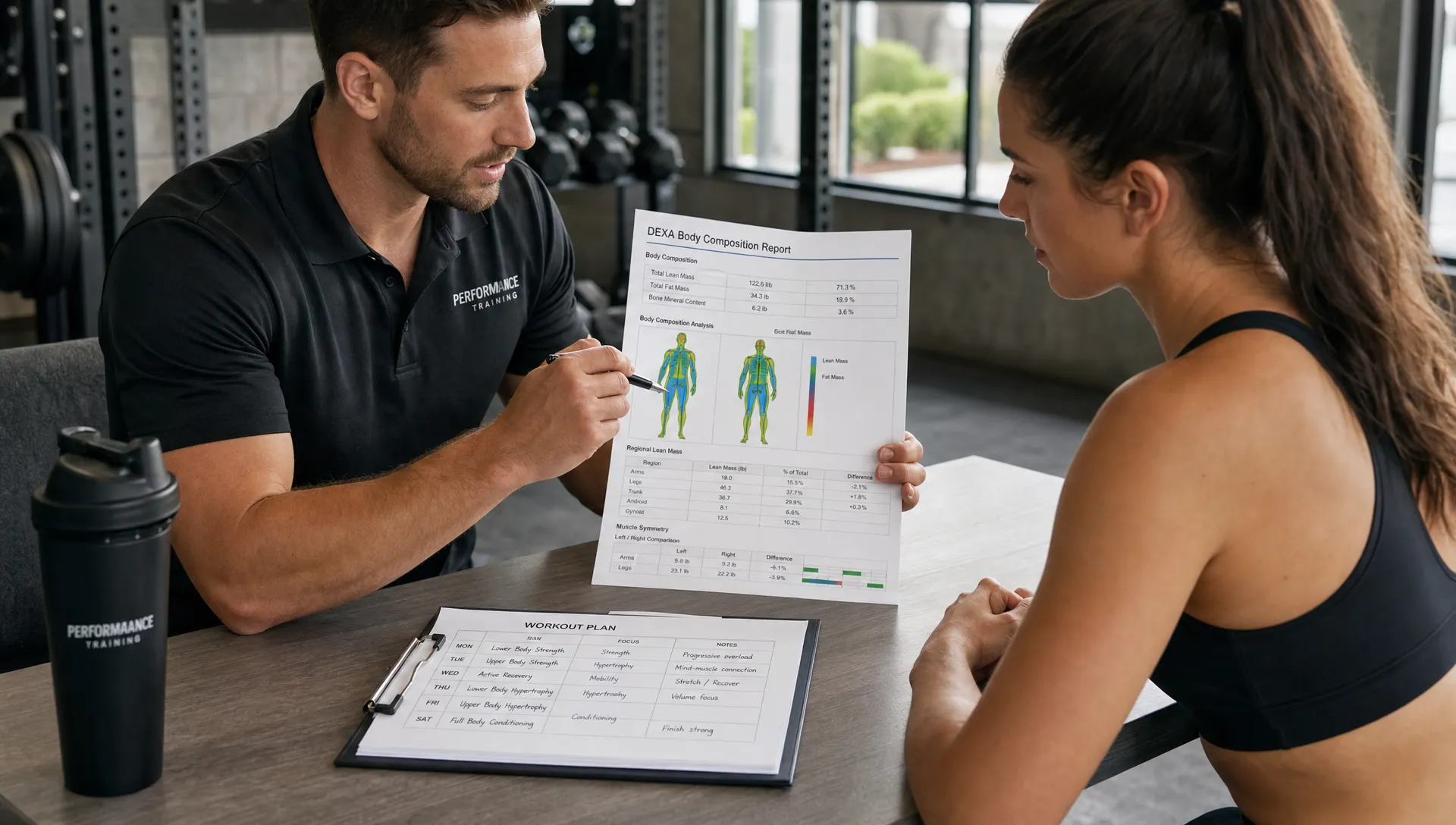 A trainer and client review a DEXA report beside a workout plan on a consultation table, focusing on lean mass, fat mass, and asymmetry.