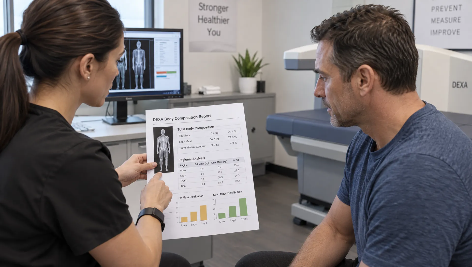 An adult client and scan professional discuss a printed DEXA body composition report in the clinic, with fat mass, lean mass, and regional measurements visible.