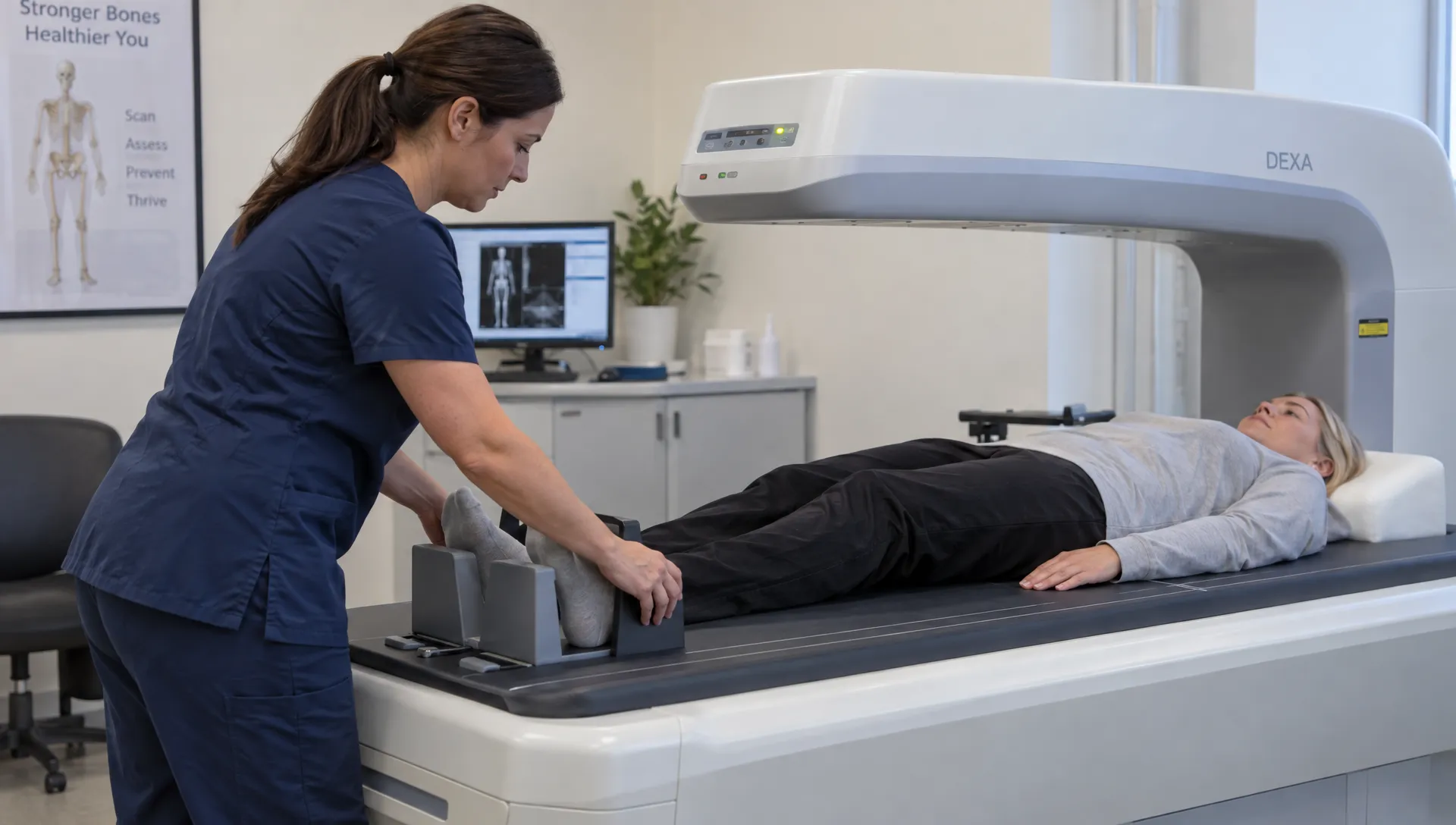 Landscape over-the-shoulder view focused on an adult technician positioning an adult client on the DEXA table, hands adjusting the client's feet against positioning guides while the scanner arm sits above them. The technician and client are visible in a real scan room, with the careful setup procedure as the focal activity.