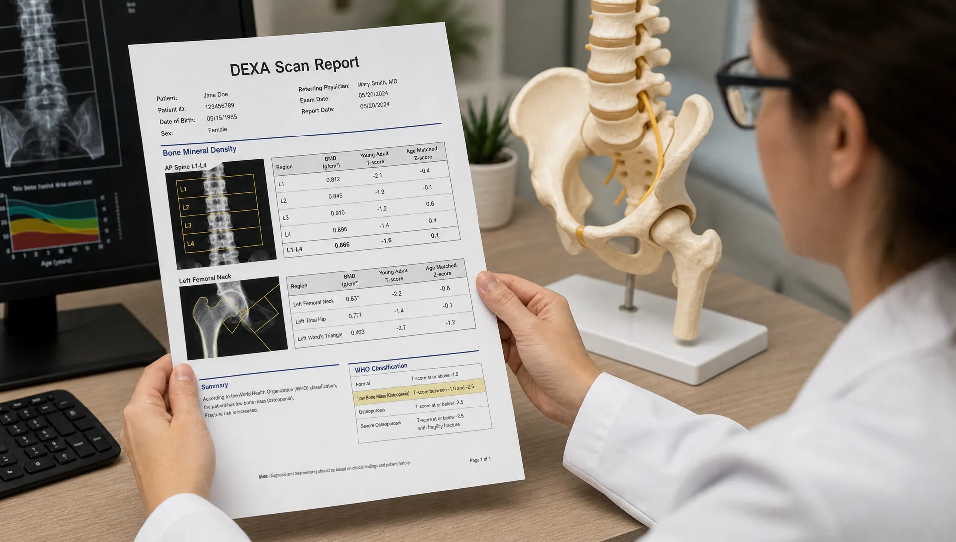 A clinician reviews a printed DEXA report beside a hip-and-spine model, with bone mineral density and T-score results visible on the page.