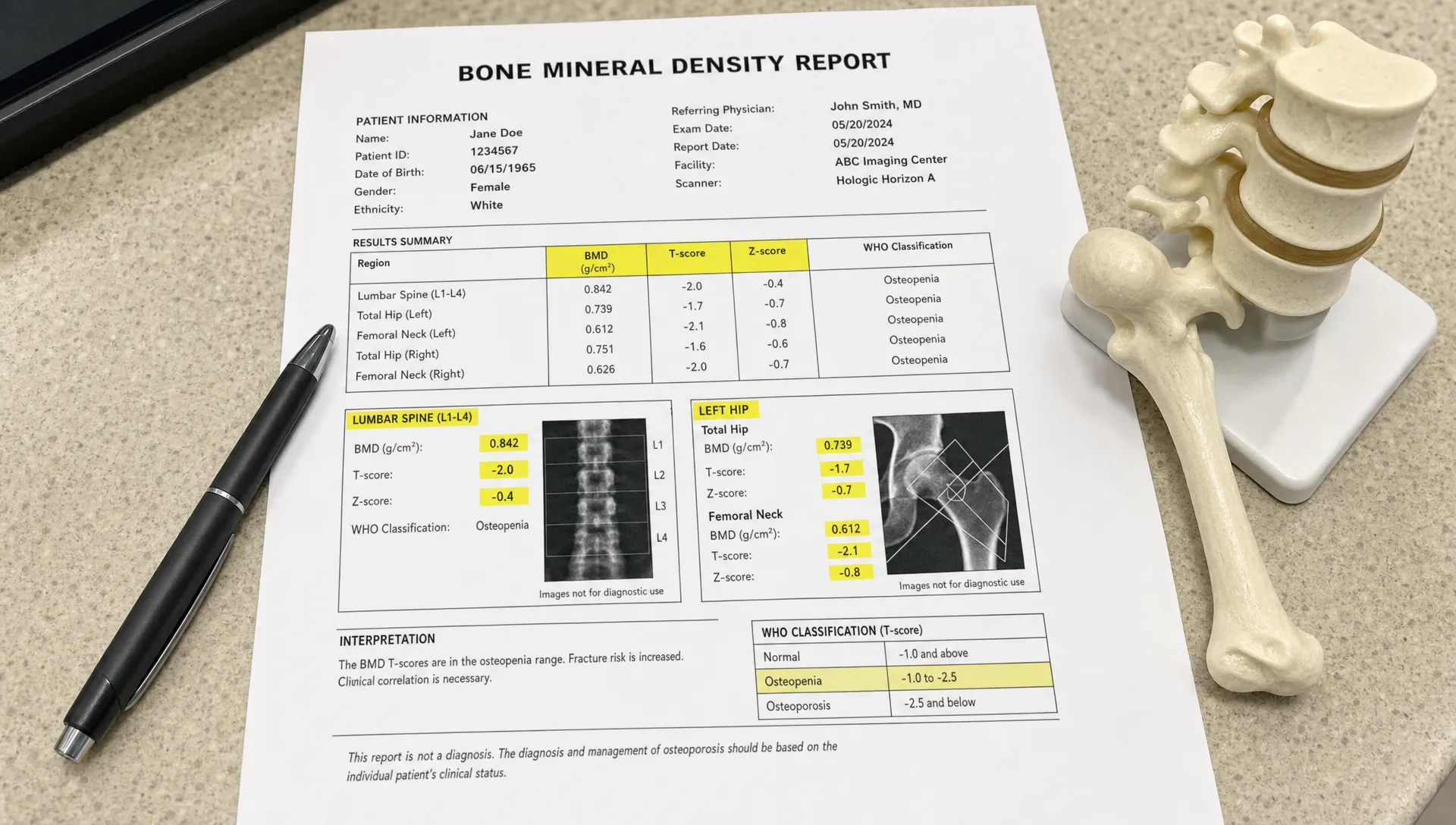 A printed bone mineral density scan report on a clinic counter with highlighted sections for BMD, T-score, Z-score, lumbar spine, and hip measurements, next to a pen and a small anatomical bone model.