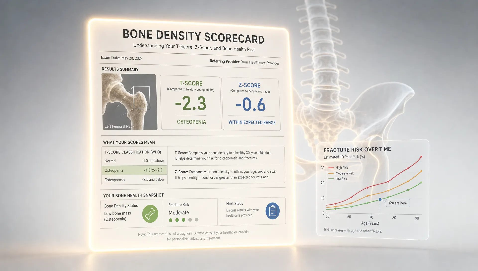 A conceptual medical scene centered on a glowing bone density scorecard-style report floating in a clean neutral space, with a subtle spine-and-hip outline behind it and a small fracture-risk line chart nearby. No people in frame. The report is the clear hero element, and the composition should feel like understanding T-scores, Z-scores, and bone health risk rather than a clinic room or desk layout.