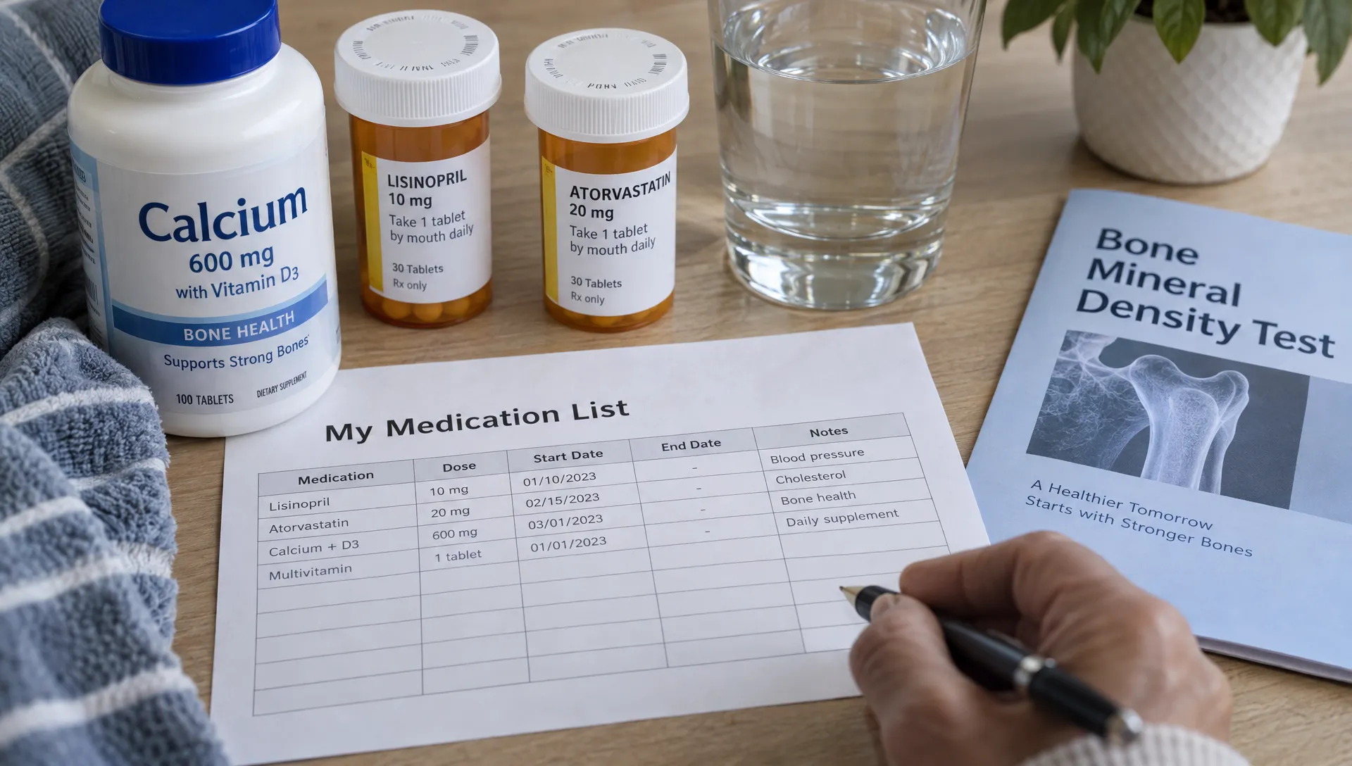 A medication list with dose and treatment dates lies beside prescription containers and a calcium supplement as someone prepares for a bone mineral density test.