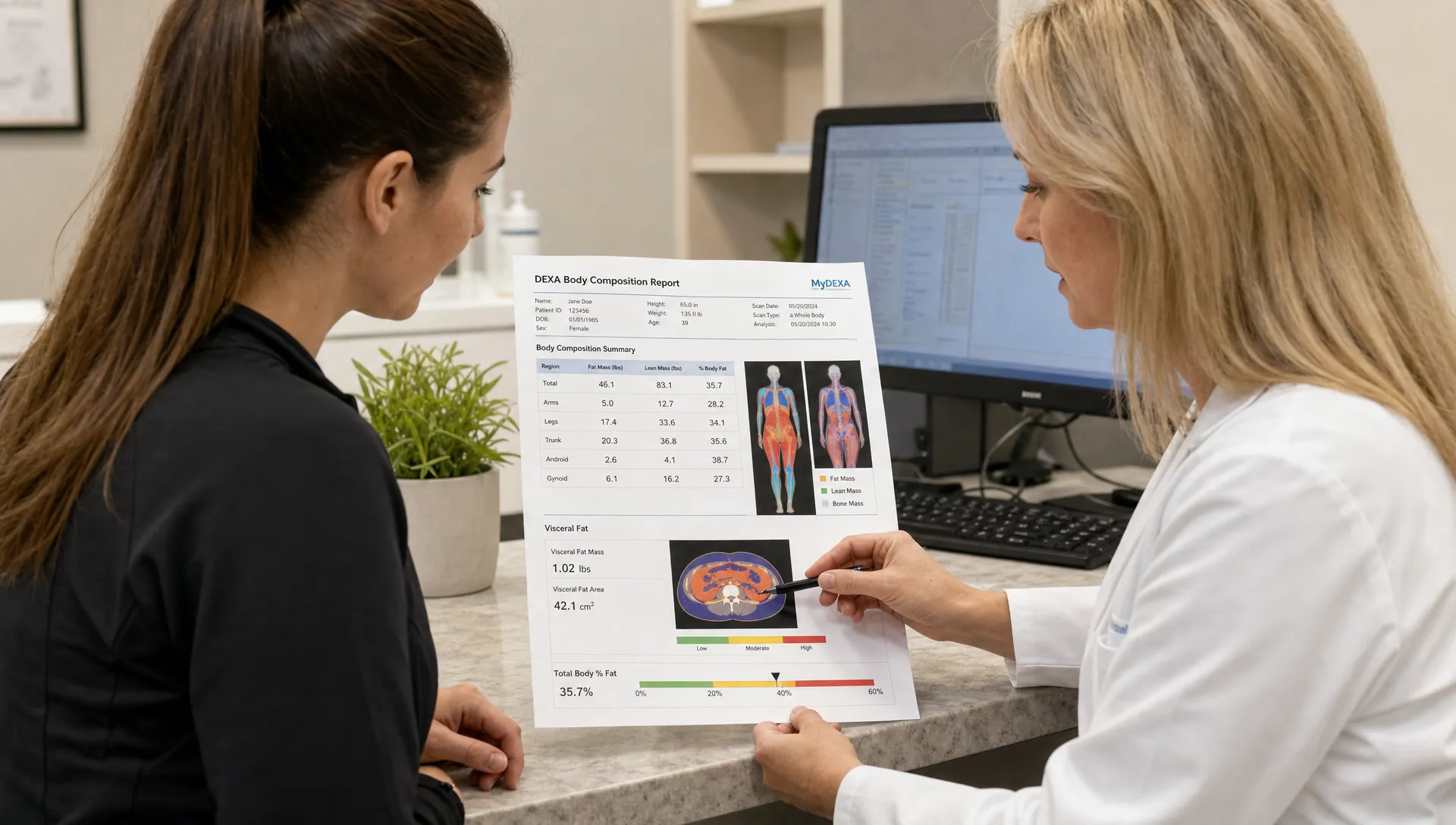 A client and clinician review a DEXA body composition report on a clinic counter with fat mass, lean mass, and visceral fat visible.