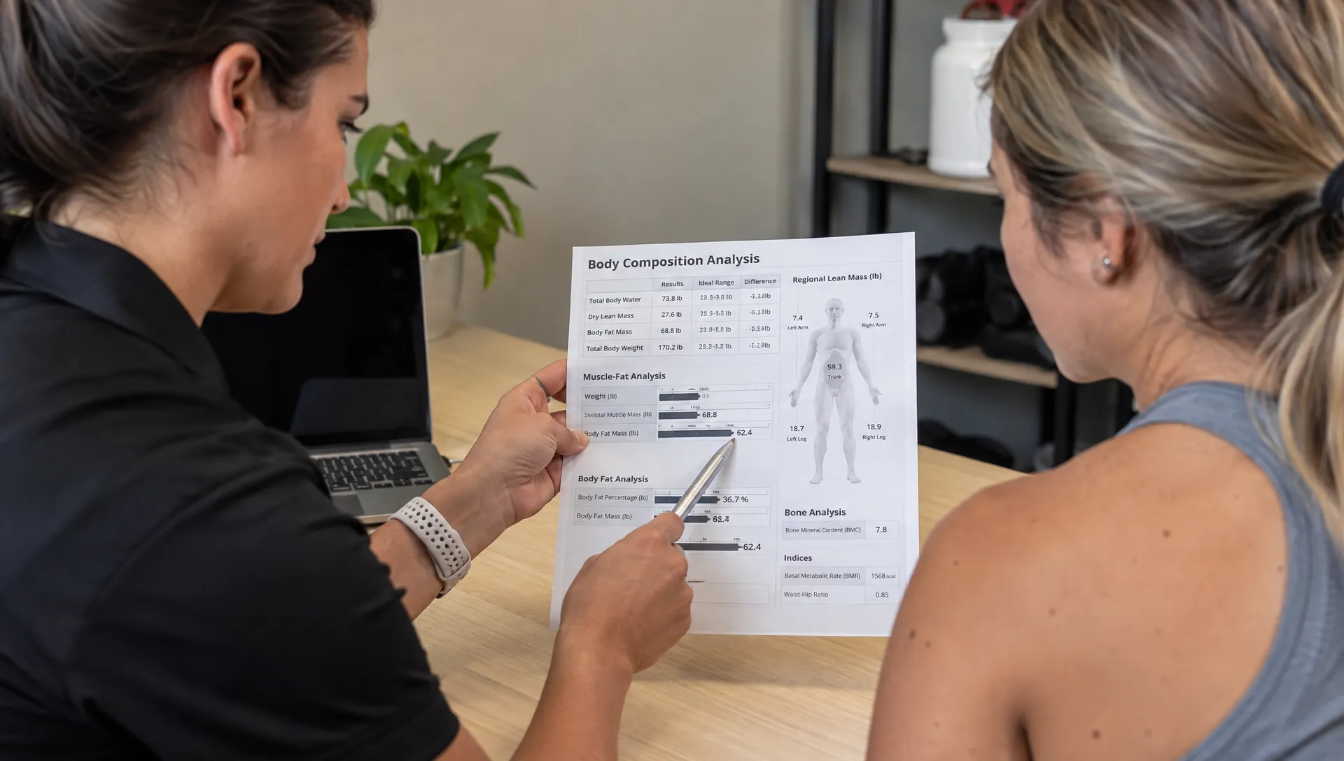 A provider points out body fat, regional lean mass, and bone measurements on a printed body composition report as a client follows along.