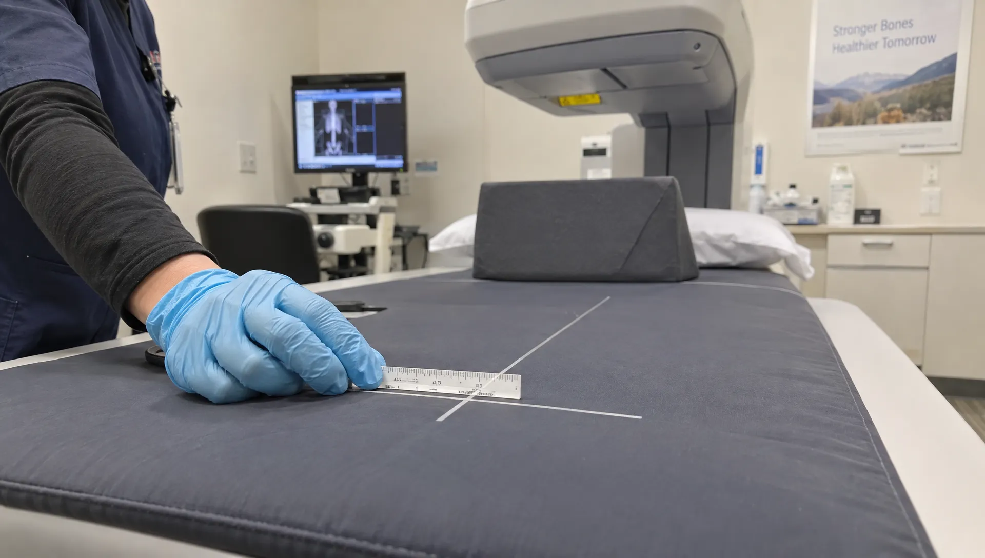 Landscape close view inside a DEXA clinic as a technician checks the positioning guides beside a padded scan table, one gloved hand holding a small alignment ruler against the marked surface. The guide, hand, and table edge fill the foreground; the scanner is softly visible farther back.