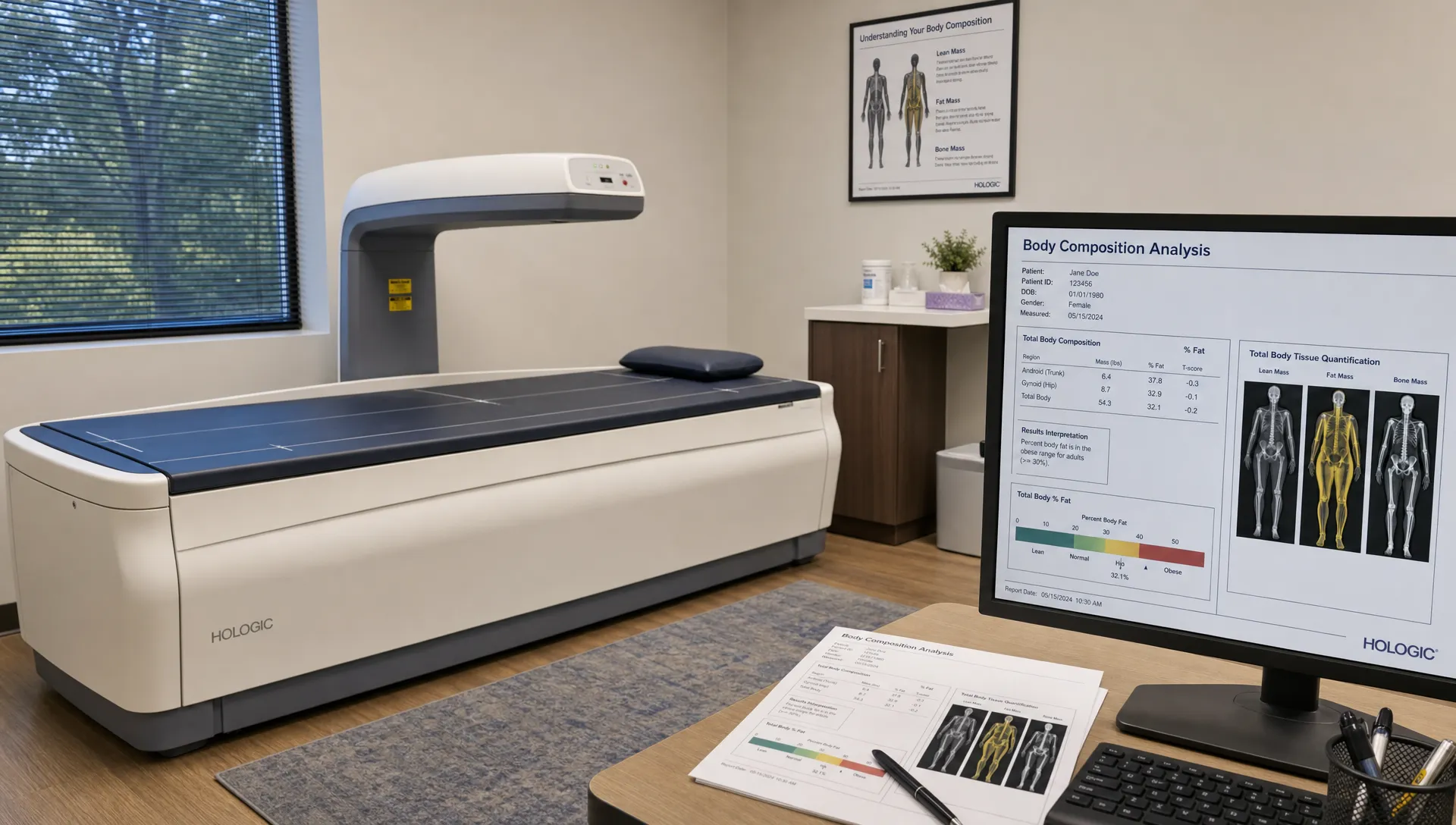 A clean DEXA scanning room with a padded scan table, scanner arm above it, and a printed body composition report on a nearby desk.