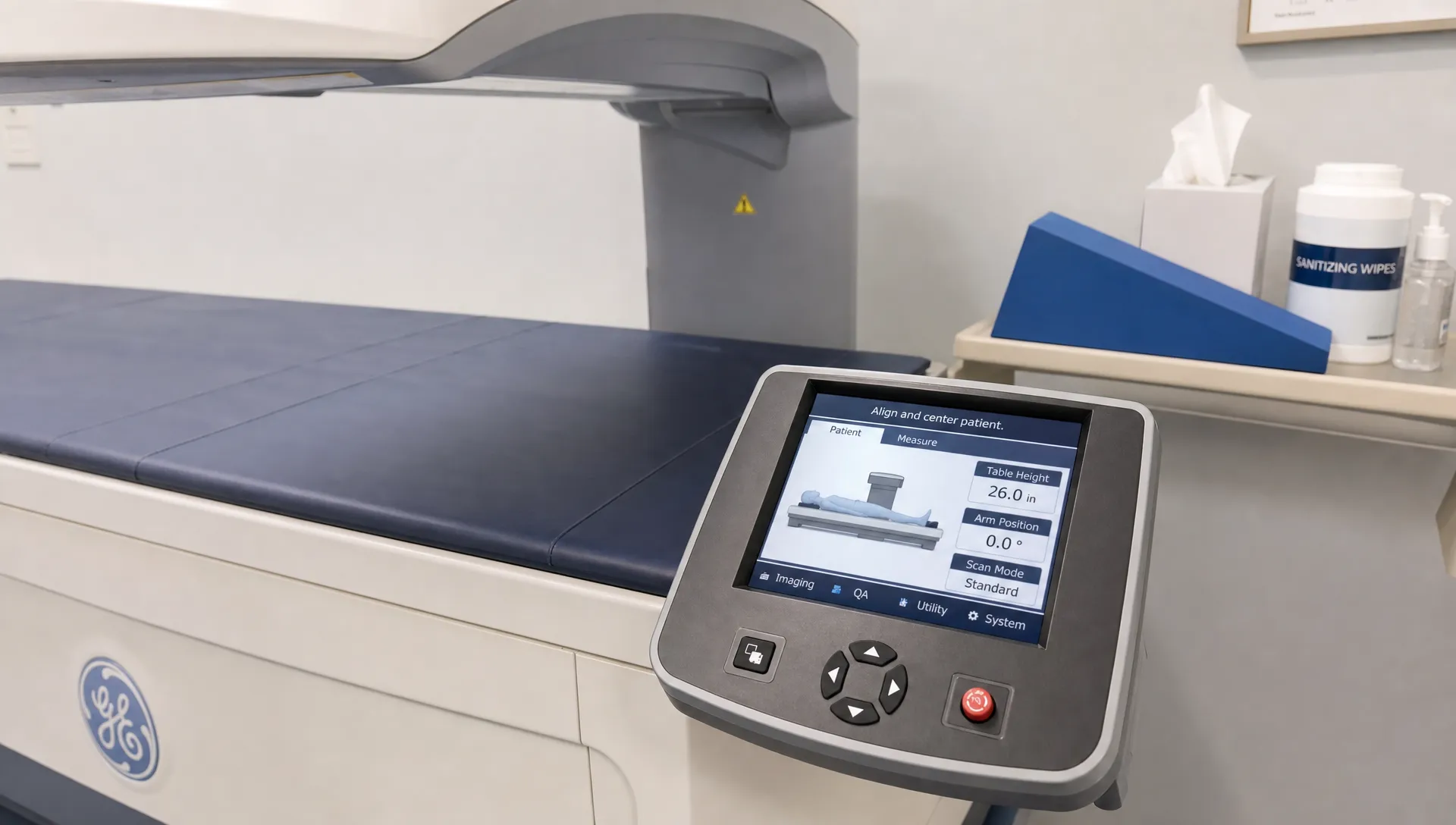 Landscape close-up of a DEXA scan table interface and alignment controls next to the padded table edge, with the scanner arm just overhead and a small set of preparation items on a side shelf; the detail shows the equipment used to support accurate scanning in its real room.