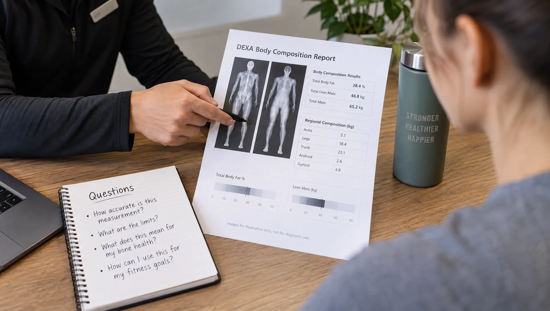 A reviewer points to body composition results on a DEXA report as a client’s notebook lists questions about measurement limits, bone health and fitness goals.