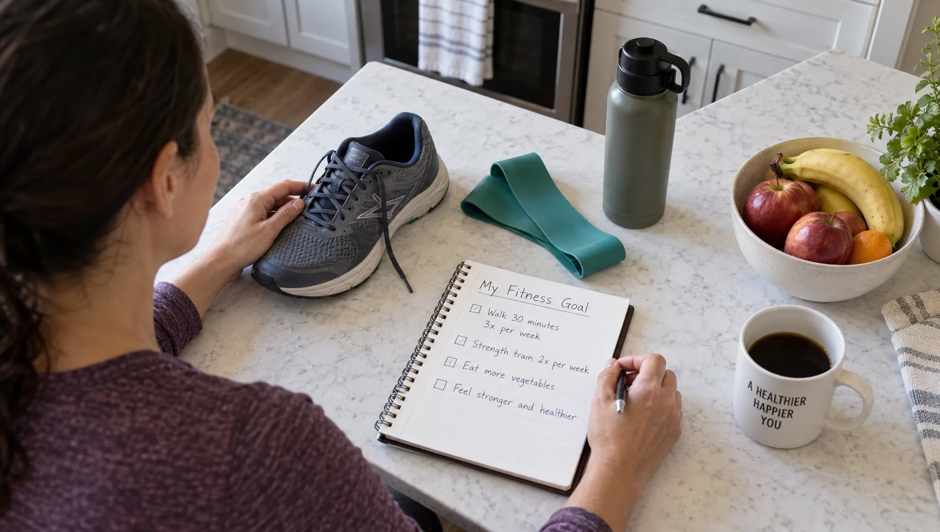Landscape overhead view at home of an adult arranging a walking shoe, resistance band, and meal-planning notebook on a kitchen island while considering a simple fitness goal written in the notebook. The person is seated at the island, with the room’s ordinary kitchen details around the activity; no scan report is present.