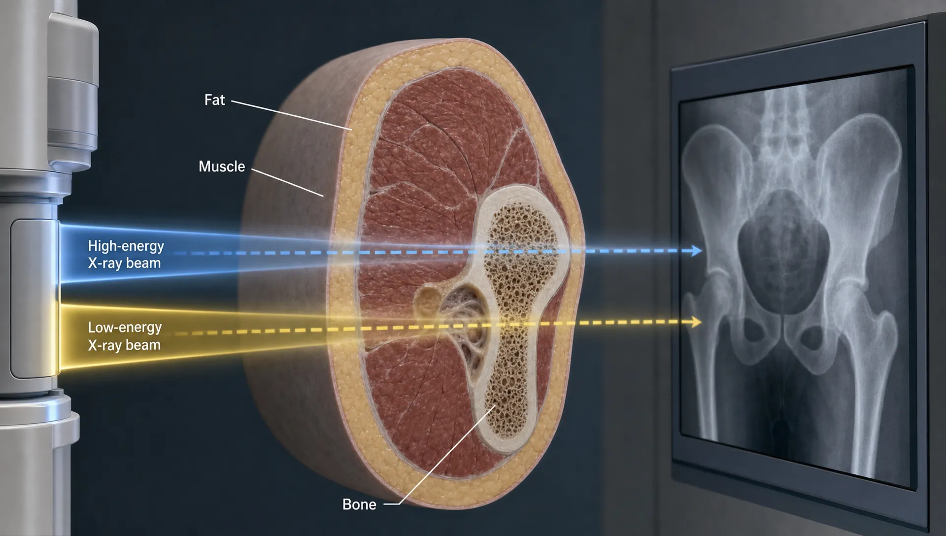 A body cross-section shows two X-ray beams at different energies passing through bone, muscle, and fat layers.