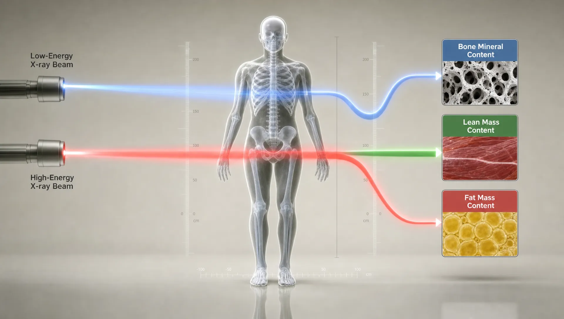 Wide conceptual scene in a neutral space where two differently colored X-ray beams travel through a standing human silhouette, then separate into three labeled material streams representing bone mineral, lean mass, and fat mass, with subtle calibration marks and a soft measurement backdrop. No people beyond the silhouette, landscape composition.