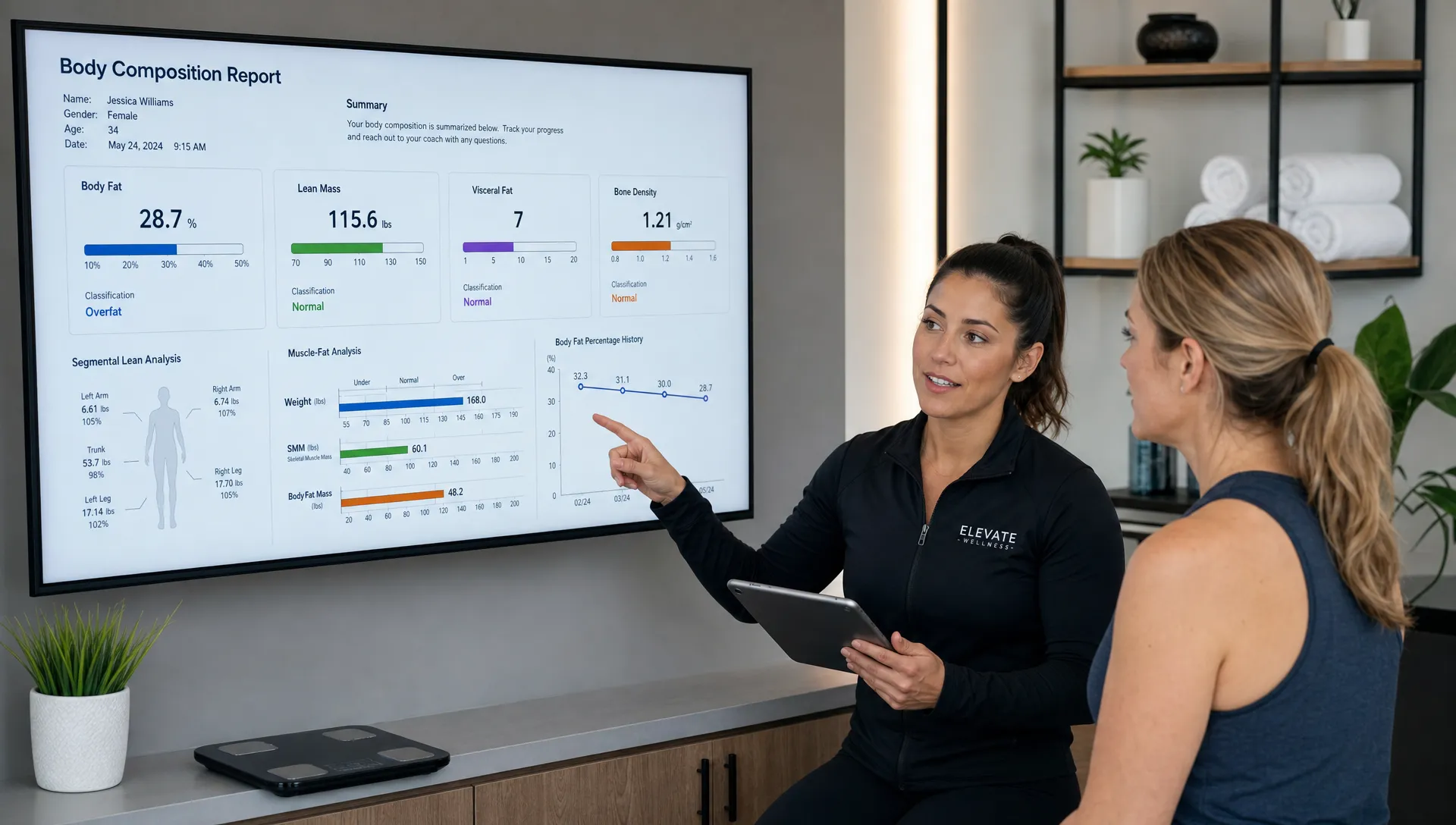 A fitness professional reviews a body composition report with a client in a clean wellness clinic, with charts showing body fat, lean mass, visceral fat and bone density metrics on a screen.