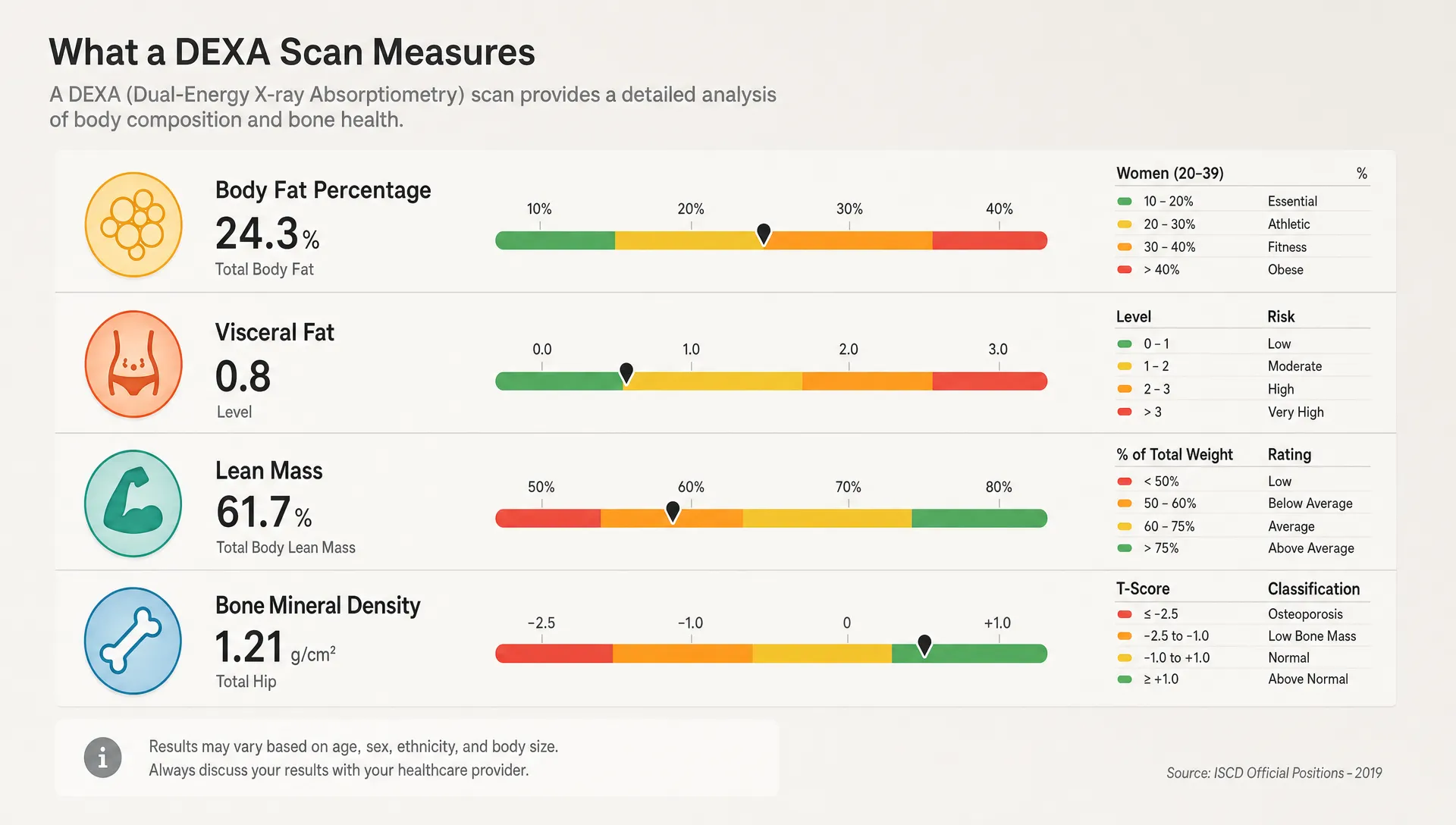 Landscape abstract educational scene built from clean measurement bands, region markers, and stacked comparison bars that suggest body fat percentage, visceral fat, lean mass, and bone density. The elements float across a spacious neutral background with no people or clinic room, creating a clear visual summary of what a DEXA scan measures.