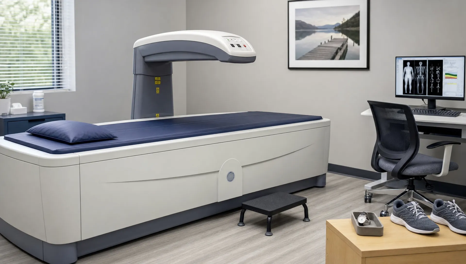 A calm DEXA scan room with a padded table, scanner arm overhead and shoes and a watch set aside nearby.