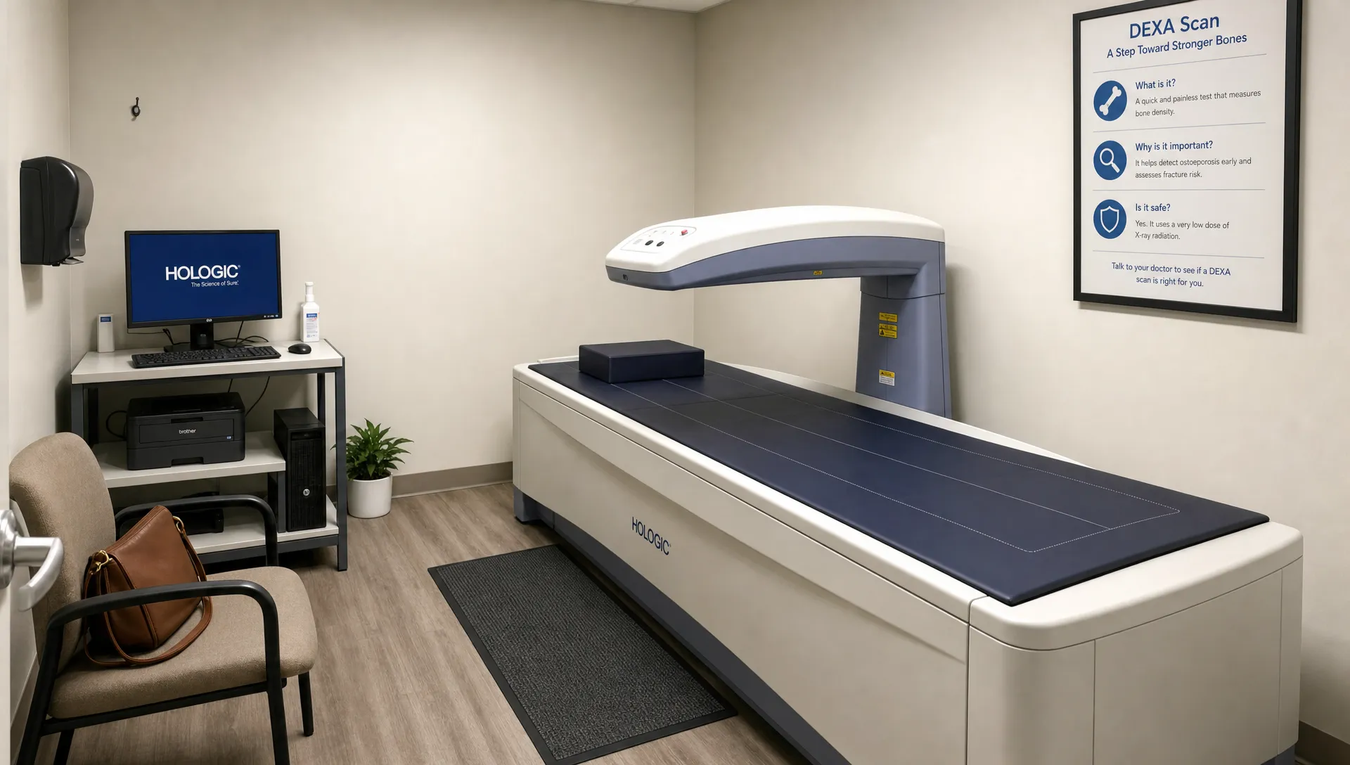 A quiet DEXA scan room with a padded scanning table, an open scanner arm above it, and a neatly arranged chair for personal belongings, shown from a slightly wider angle to emphasize the full room layout.