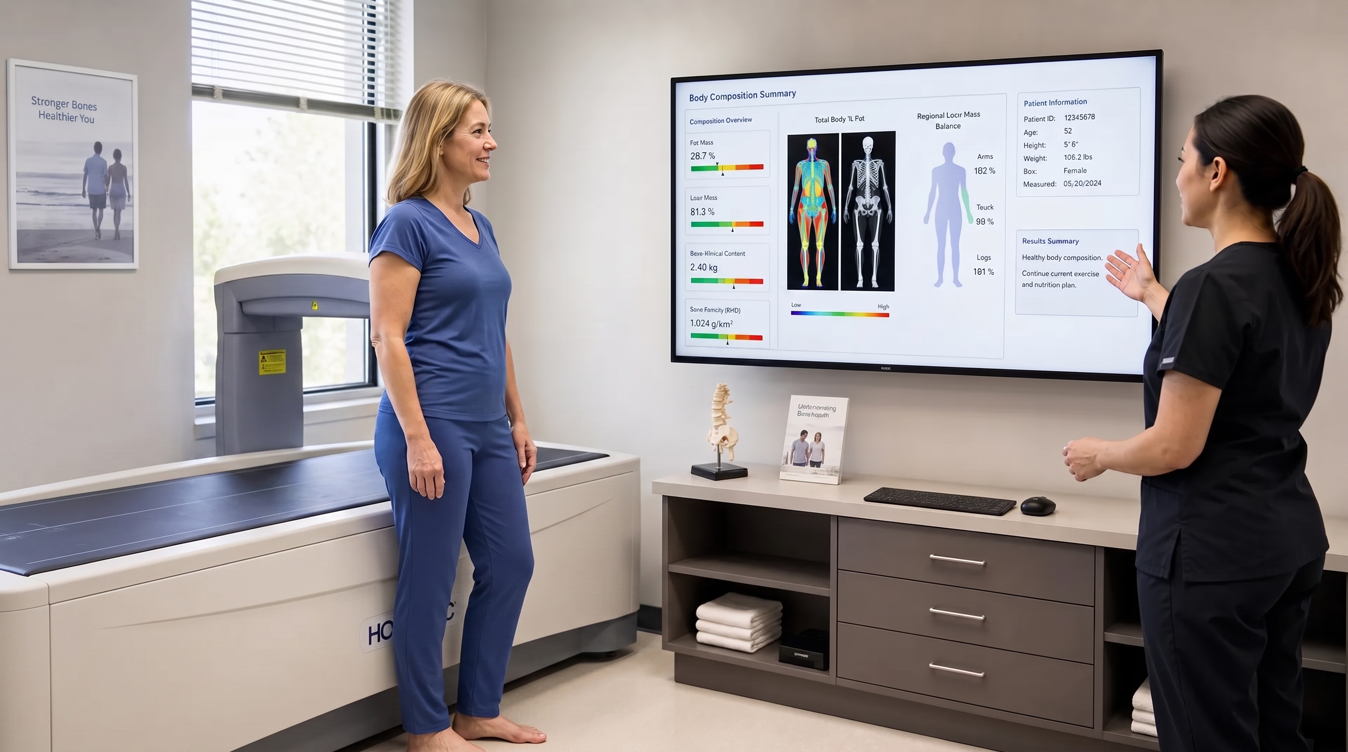 A person standing beside a DEXA scan table in a bright clinic room while a technician reviews a body composition printout on a wall-mounted monitor facing the camera, with visible chart summaries for fat mass, lean mass, bone density, and regional balance. Landscape composition, clinical setting, clear focus on the scan process and interpretation rather than the report close-up.