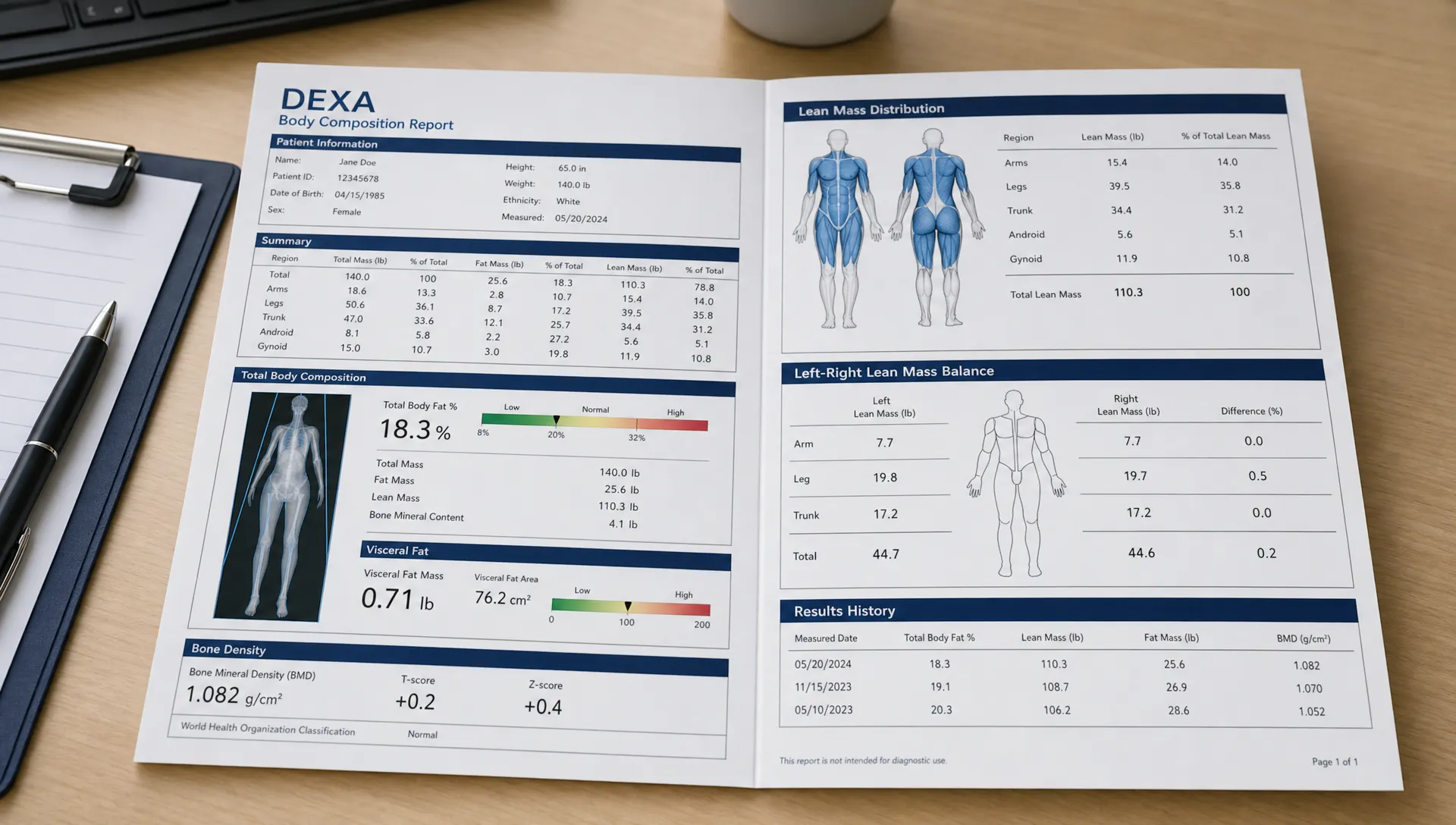 A DEXA body composition report laid open on a desk beside a pen and clipboard, showing total body fat percentage, lean mass distribution, bone density, visceral fat, and left-right muscle balance in a clinic office setting.