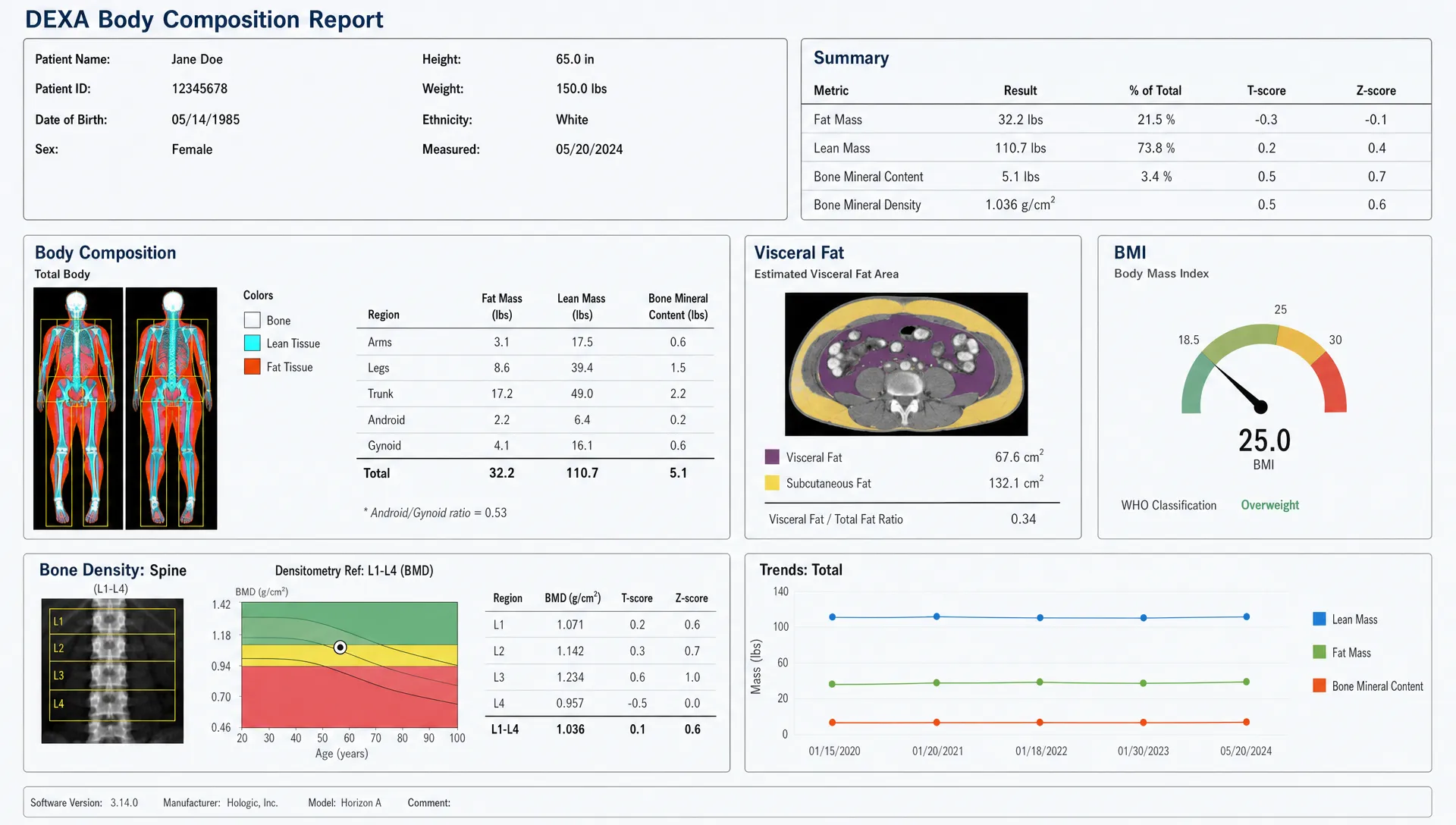 A DEXA body composition report shows fat mass, lean mass, bone density, and visceral fat results.