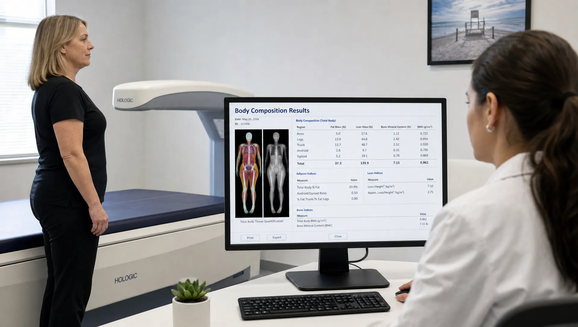 A person standing beside the DEXA scan table while a clinician reviews a body composition report showing body regions, fat mass, lean mass, and bone density metrics on a screen facing the camera.