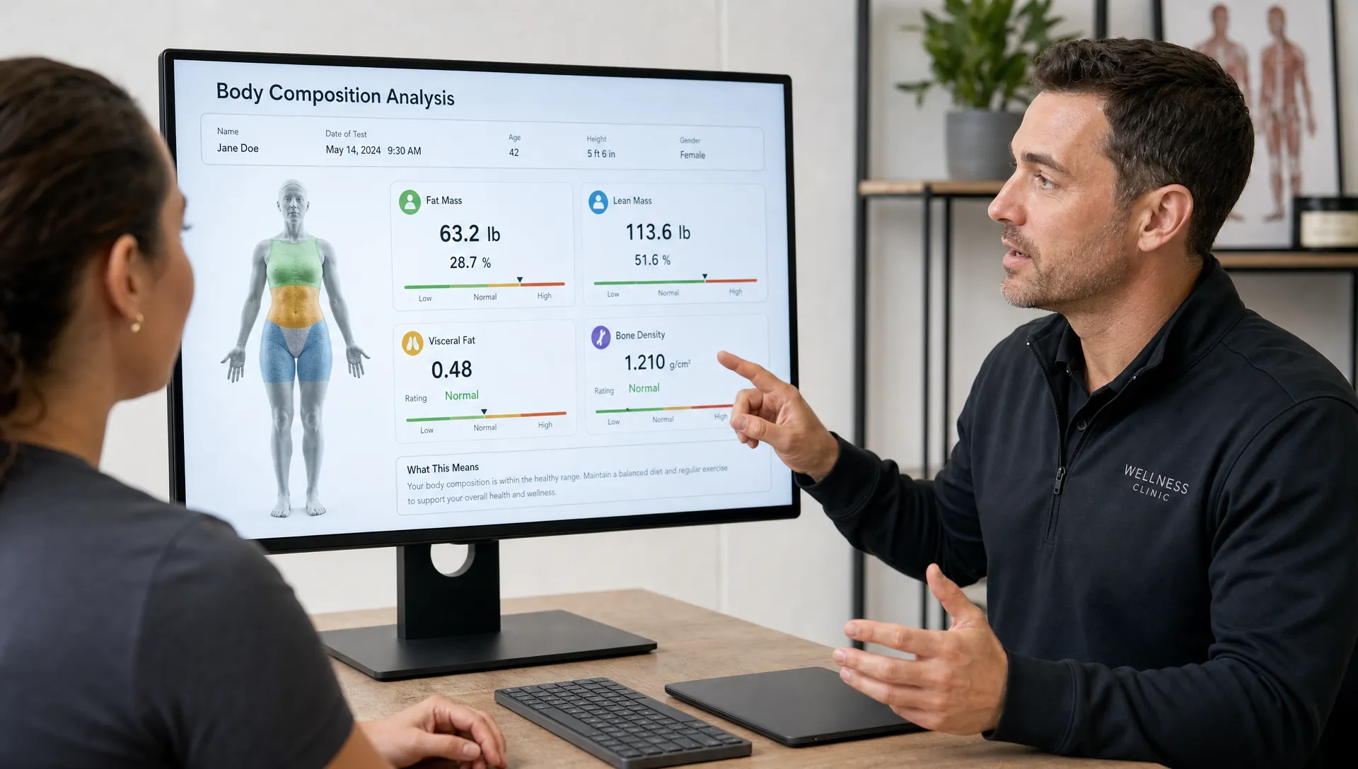 A medium over-the-shoulder scene inside a consultation room where a clinician points to a body composition report on a screen facing the camera, while an adult patient sits across the table listening. The frame should emphasize the discussion of fat mass, lean mass, visceral fat, and bone density, with the screen and conversation as the main focus.