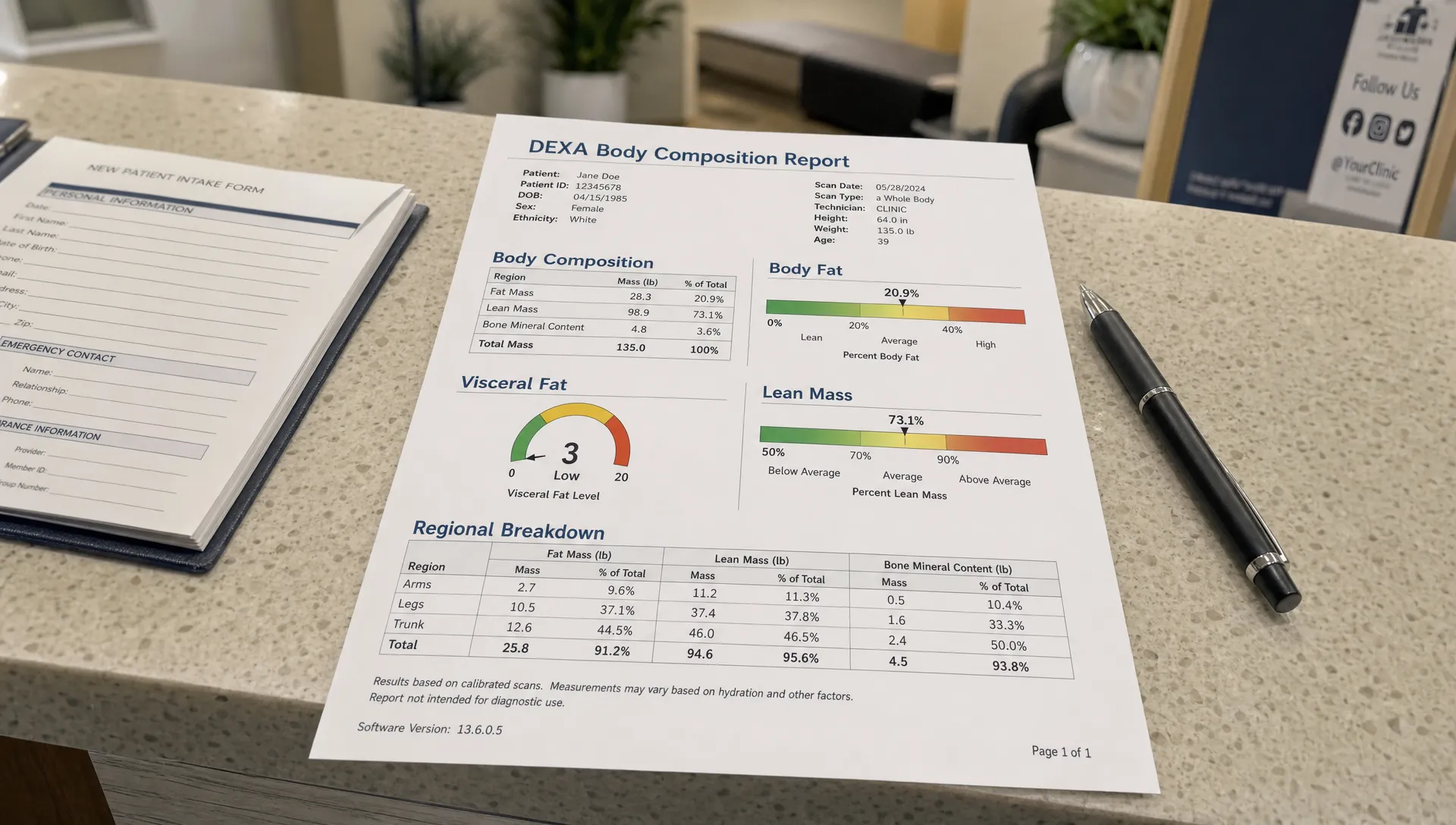 Landscape close-up of a printed DEXA body composition report on a clinic counter beside a pen, with the report sections for fat mass, lean mass, bone mineral content, visceral fat, and regional breakdown clearly arranged on the page. A folded intake form and the counter edge ground the paper in a real review setting, with the clinic interior softly receding behind it.